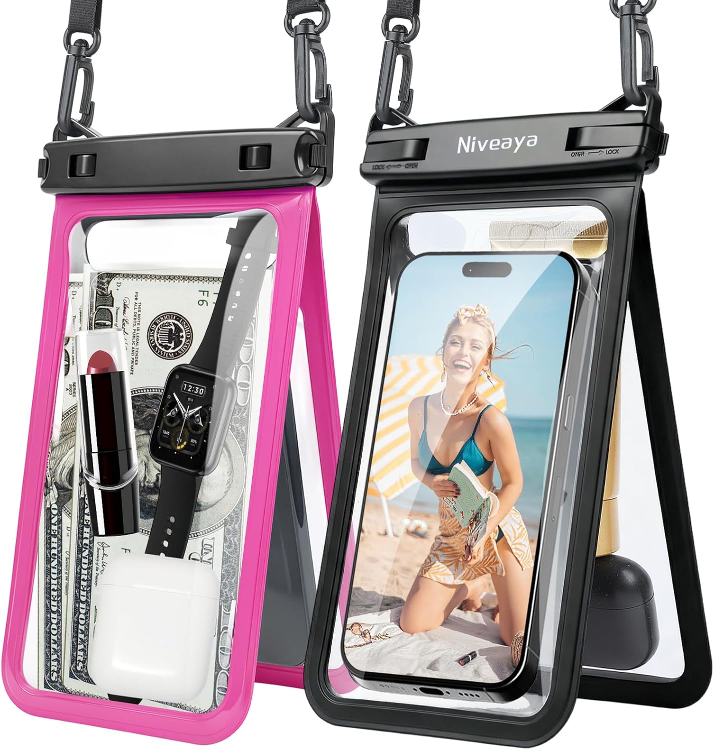 Niveaya Double Space Waterproof Phone Pouch, IPX8 Phone Case with Lanyard for iPhone 17 16 15 Pro Max, Galaxy S25 Ultra, Cellphone Dry Bag for Beach, Cruise Travel Ship Essentials 2 Pack (up to 8.3")