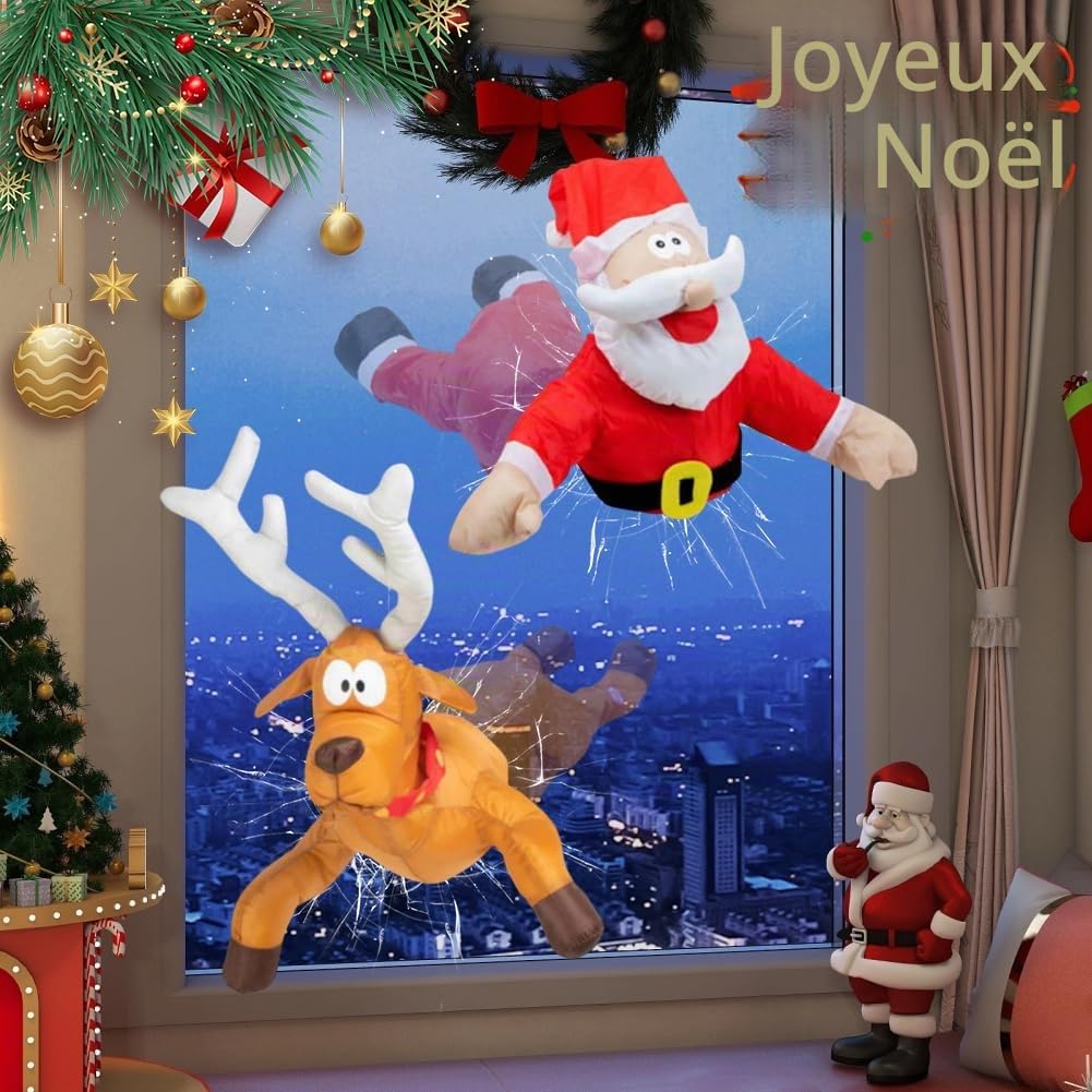 Décoration Noël Animée Pères Noël et Rennes S'écrasant sur Fenêtre avec Autocollant Vitre Cassée et Animation (2 pièces)