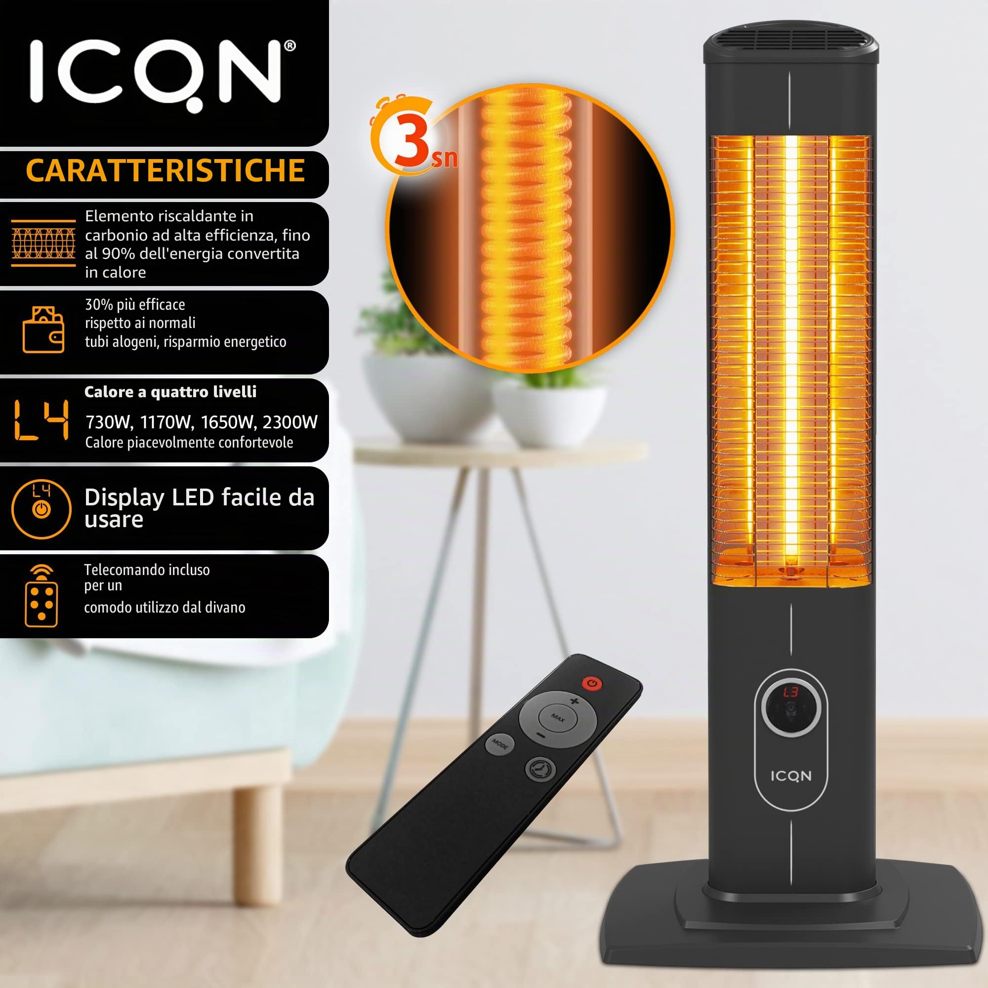 ICQN Stufa a infrarossi con telecomando, da 2500 watt, riscaldamento per interni ed esterni, stufa a terra con grado di protezione IP20 e display digitale (Standard 2300W)