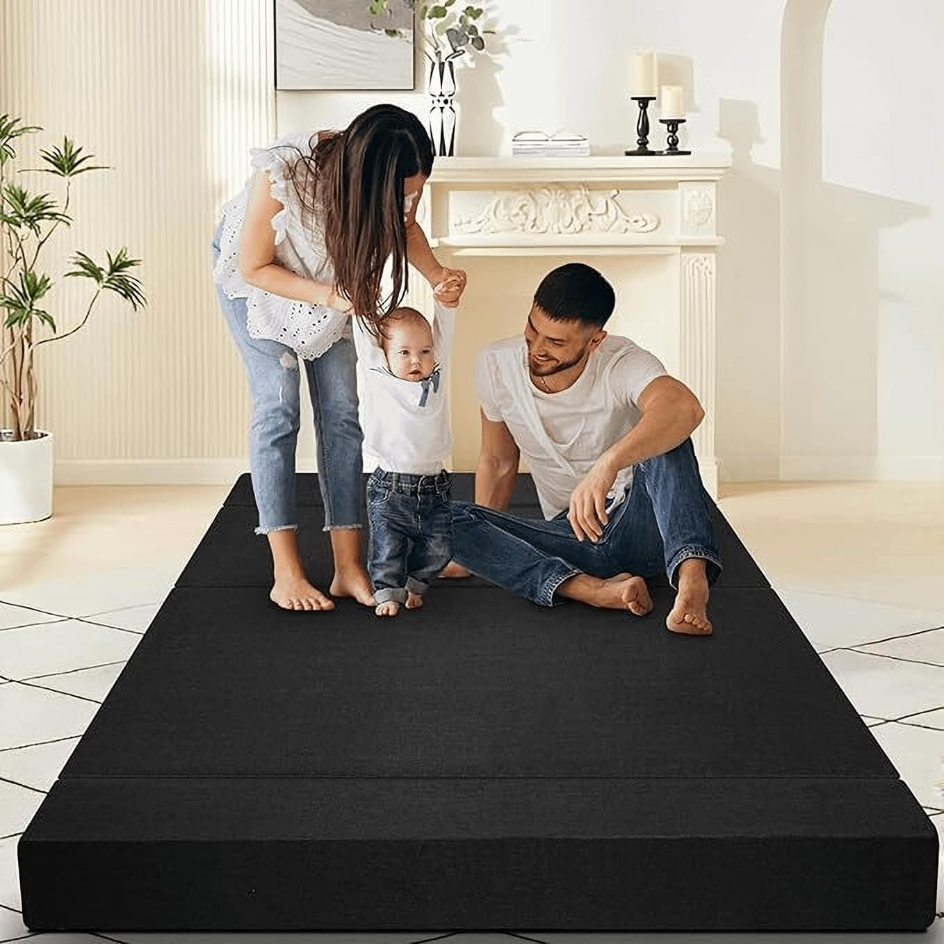 Softloom Homes King Size 3 Seater Sofa Cum Bed | 5-Year Warranty | Folding/Foldable 4-in-1 Convertible Sofa Bed | 4 Cushions | 2 Layer HR & High Density Foam | Jute Fabric, Black, 72x72 in,165mm 3