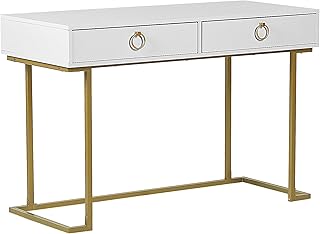 Beliani Consola Blanca 2 cajones con Tiradores de Anillo Base de Metal Dorado Acabado Mate Escritorio de Oficina Mesa Deco...