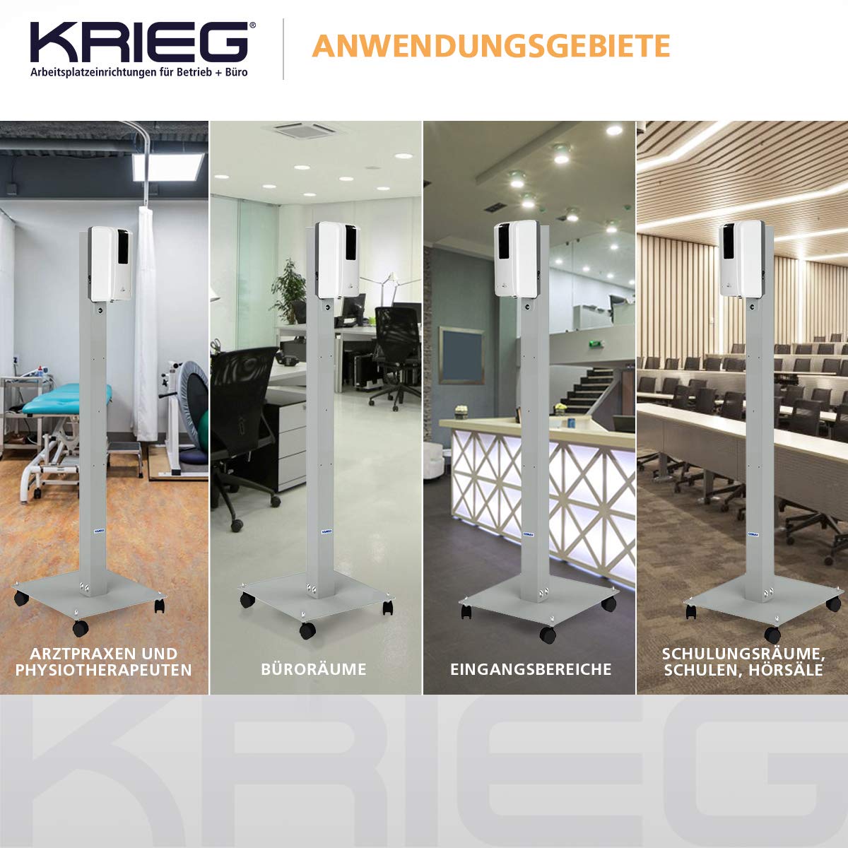 KRIEG Desinfektionsmittelständer mit Sensor I Silber I Kontaktlos Hygienestation 1000 ml - 333 Sprühstöße I Desinfektionsstation freistehend, höhenverstellbar, touchless I Hygienesäule Ready to go