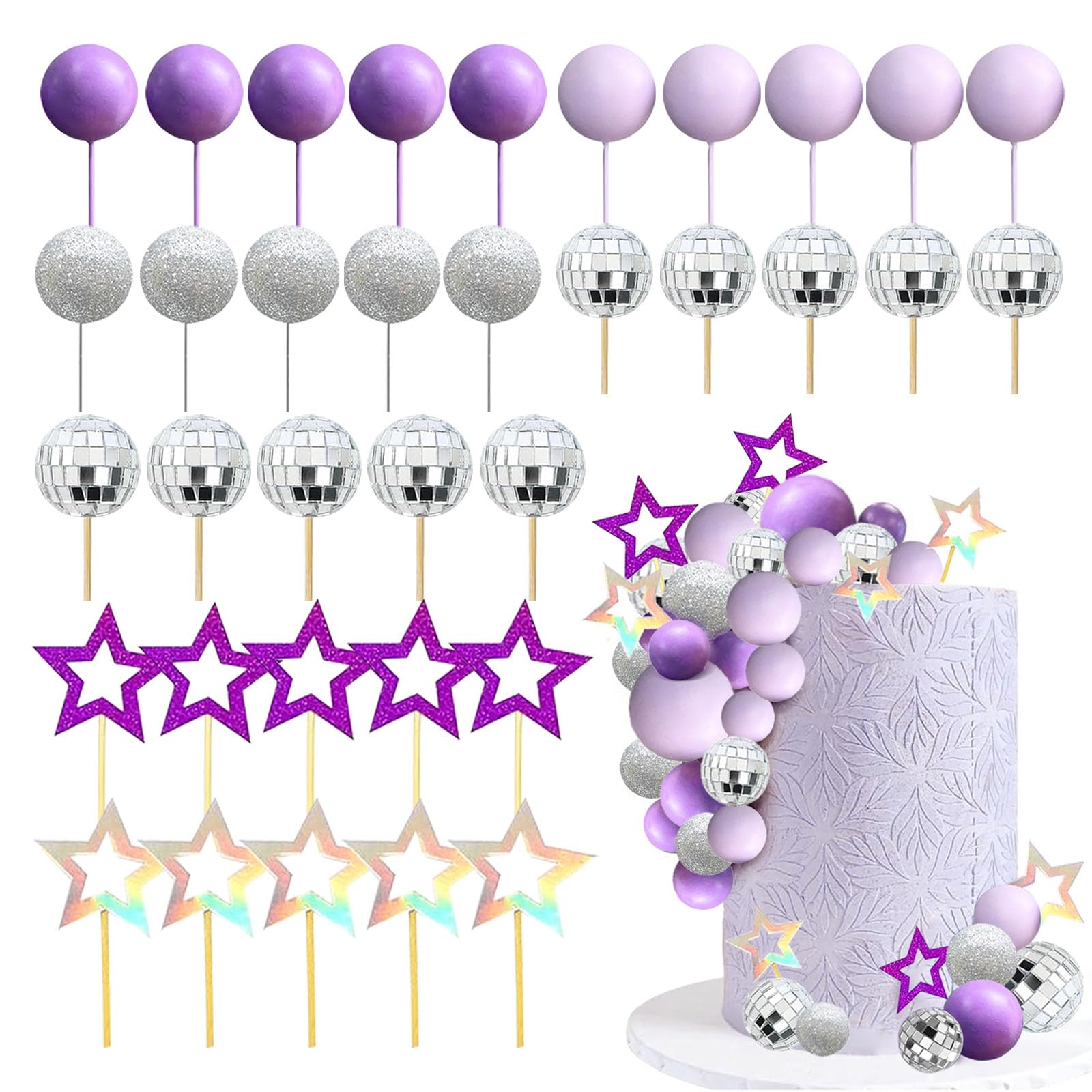 Disco Ball Cake Decor, 35PCS Balls Cake Toppers, Ball Cake Topper Decorations, Disco Ball Cake Decoration, Purple Balls Cake Topper, Disco Ball Cake Decorations for Birthday Party Decoration
