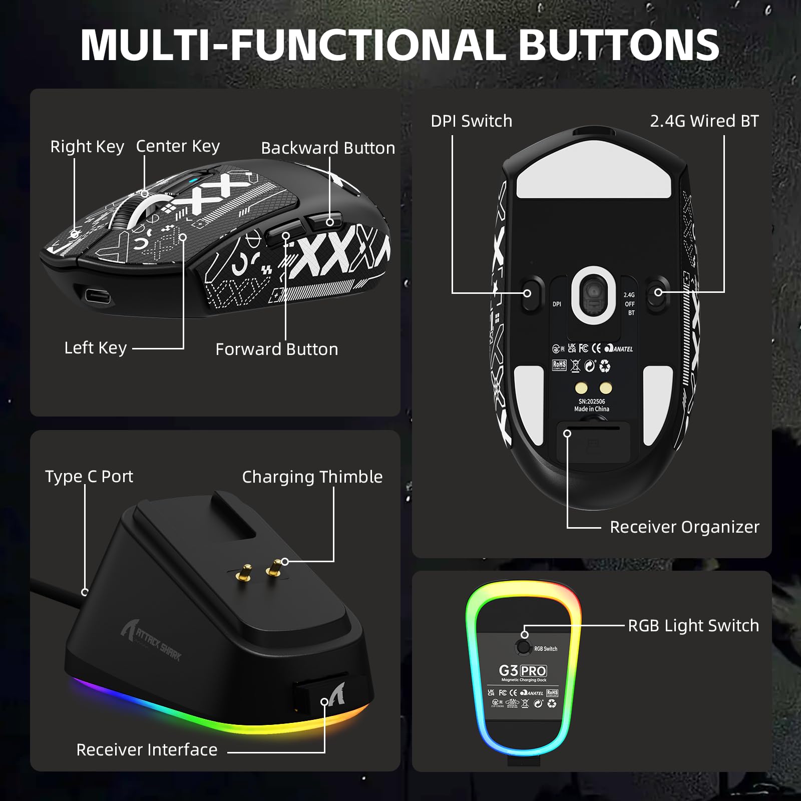 ATTACK SHARK G3PRO Souris de Jeu sans Fil avec Station de Charge Magnétique, Capteur PixArt PAW3311, 25000 DPI, Bluetooth/2,4GHz/Filaire, 59g Ultra-légère Souris pour PC/Xbox/Mac-Noir et Ruban