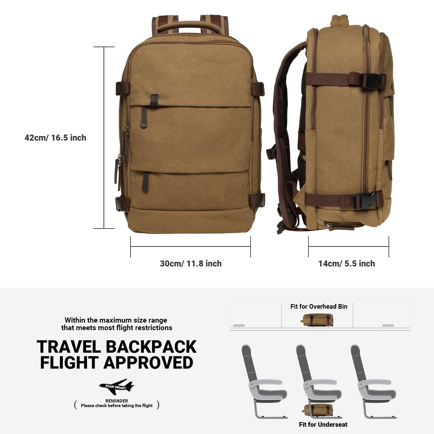 KAUKKO Canvas 40L Zaino da viaggio, Amichevole Bagaglio a mano Zaino da per 15.6 pollici Laptop, Volo Approvato Bagaglio Idrorepellente Cabina Zaino per Viaggio Weekend Trip