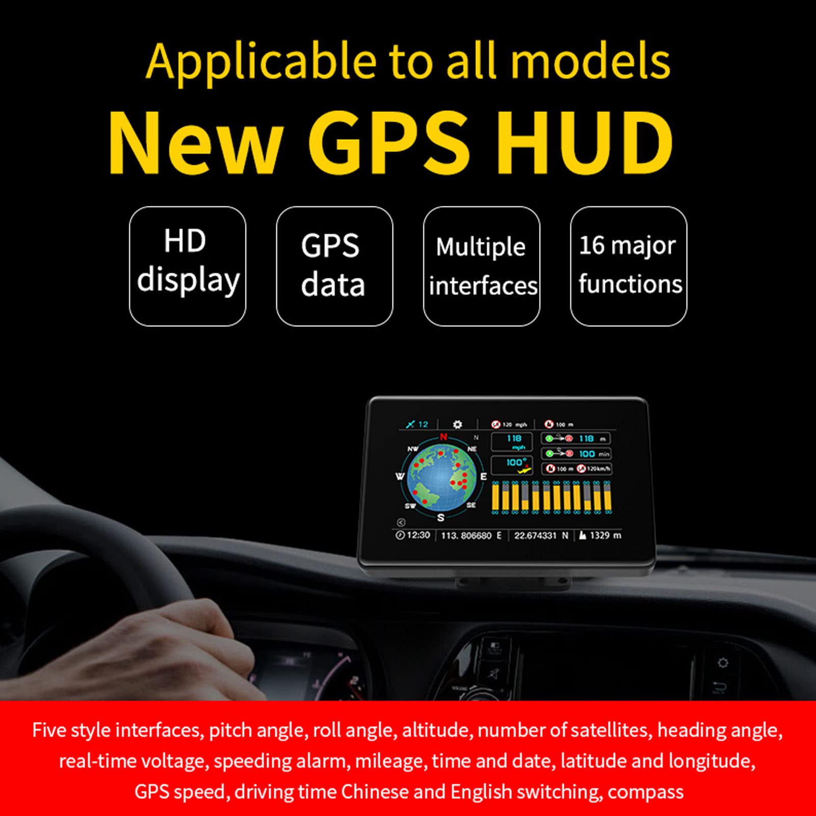 aqxreight Universal Car Wyświetlacz HUD Prędkość RPM Temperatura Napięcie Projektor na przednią szybę dla Pojazdów 10 30V Wielofunkcyjny Alarm Przekroczenia Prędkości