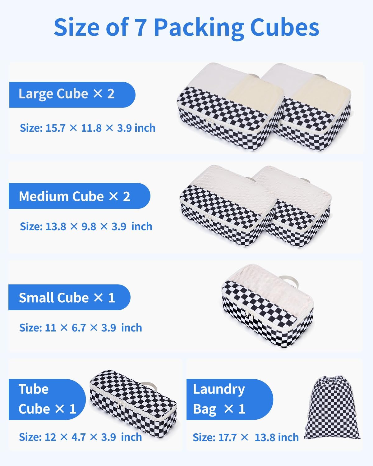 Narwey 7 Set Checkered Packing Cubes for Travel Carry on Suitcase Luggage Organizer Bags for Kids Women Men, Durable Packing Organizers Bag, Travel Essentials Accessories (Black Checkerboard) - Image 3