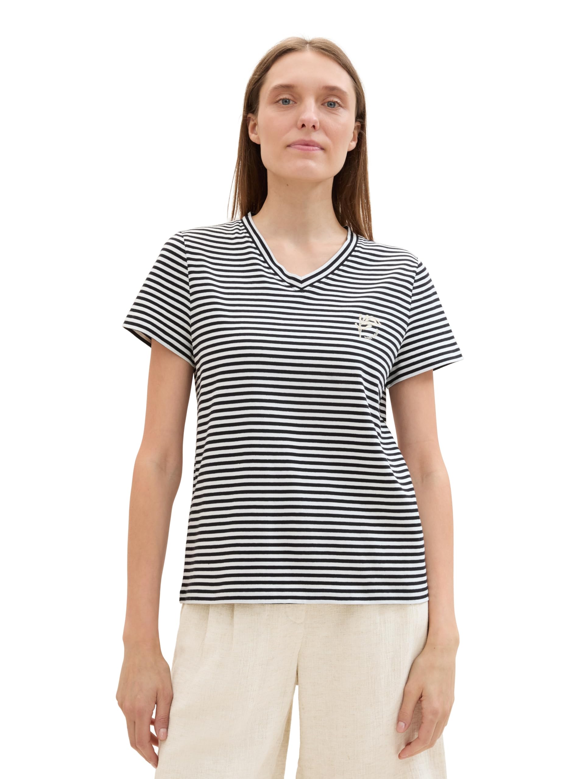 TOM TAILOR Women's Basic T-Shirt with Embroidery, 35348 - Black Offwhite Stripe, XS