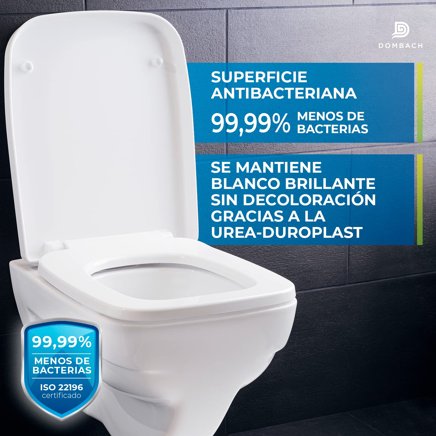 Dombach® Lamera Premium - Tapa WC Universal, Blanco, Forma Cuadrada, Duroplástico, Cierre Automático y Suave, Desmontable, Amortiguada