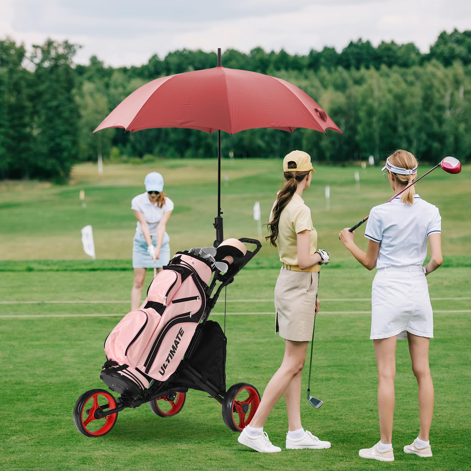 COSTWAY Golf Trolley, 3 Rad Golftrolley, Golfwagen Golf klappbar, Golfcaddy Golf Push Cart aus Aluminum, Golfcaddy mit Schirmhalter, T-Stückhalterung und Aufbewahrungstasche
