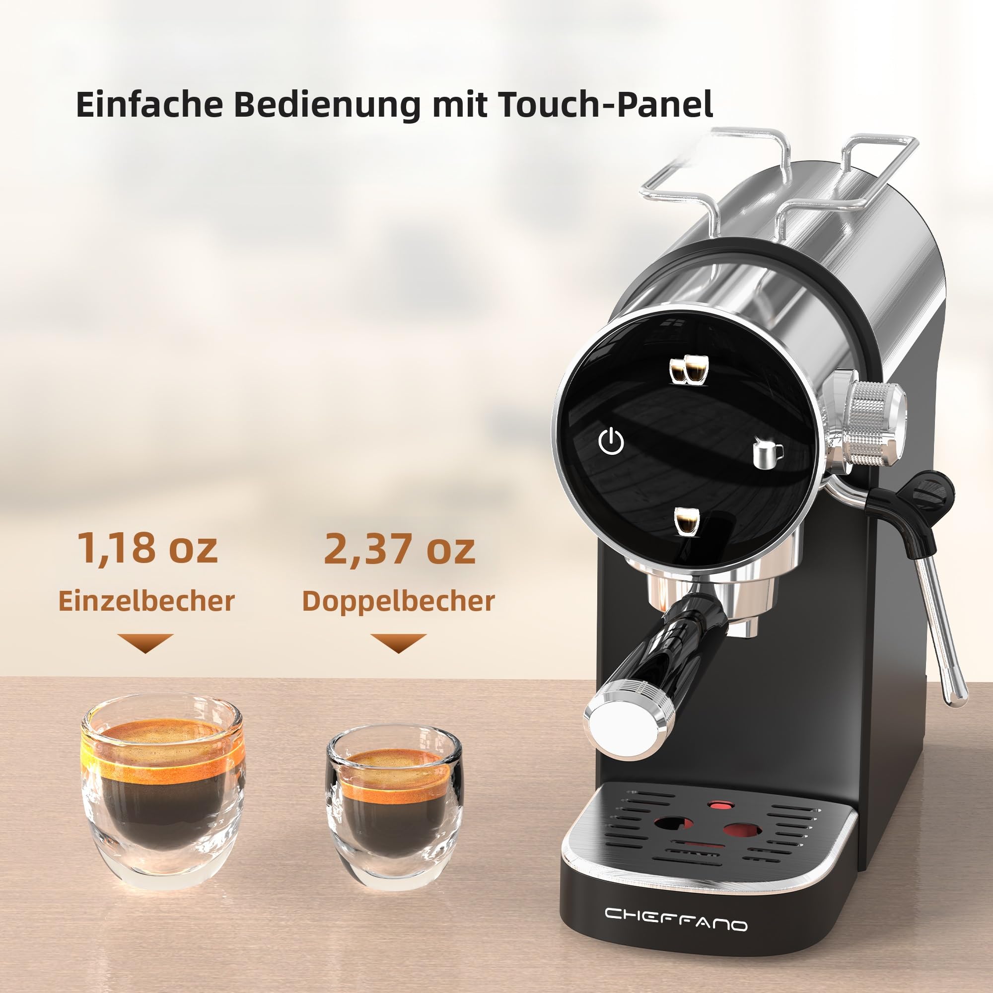 CHEFFANO Espressomaschine, 1350W, 15-Bar-Pumpe, Touchscreen, Edelstahlgehäuse & Dampfstab für Cremespuma