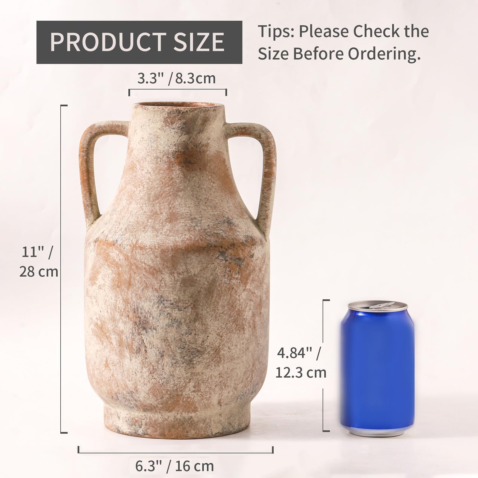 Mitt&Ditt Jarrón de cerámica con asas, jarrón de 11 pulgadas de alto para centros de mesa, jarrones decorativos grandes de terracota, jarrones rústicos de granja para decoración del hogar, sala de
