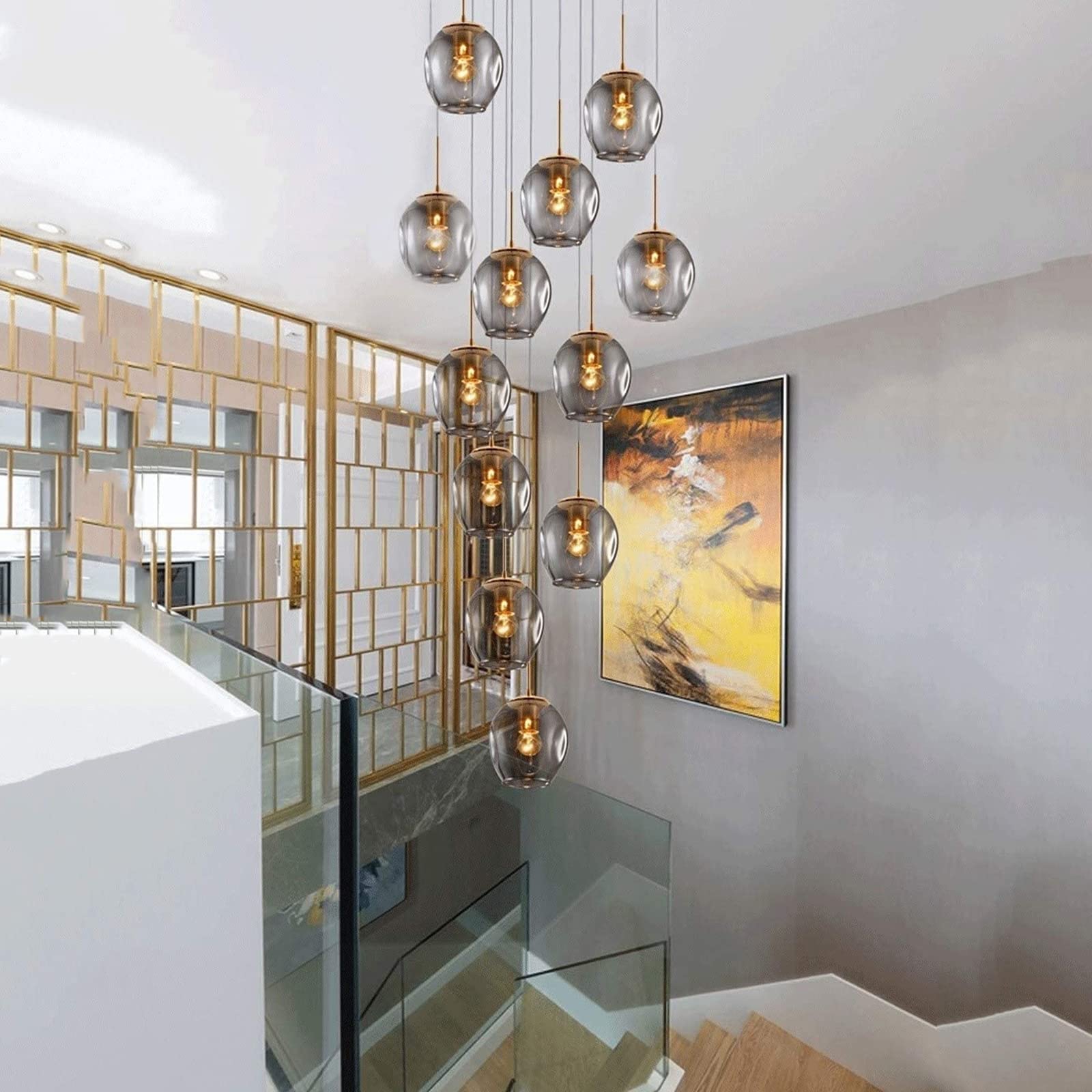 LYMSXAZOU Modern Duplex Chandelier for Loft & Villa Adjustable Glass Pendant Light Creative Staircase Fixture Minimalist Design High Ceilings 50x220cm Grey