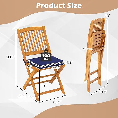 Miniatura 3 de HAPPYGRILL Juego de 2 sillas plegables para exteriores, sillas de respaldo alto de madera de acacia con cojines de asiento, silla de comedor