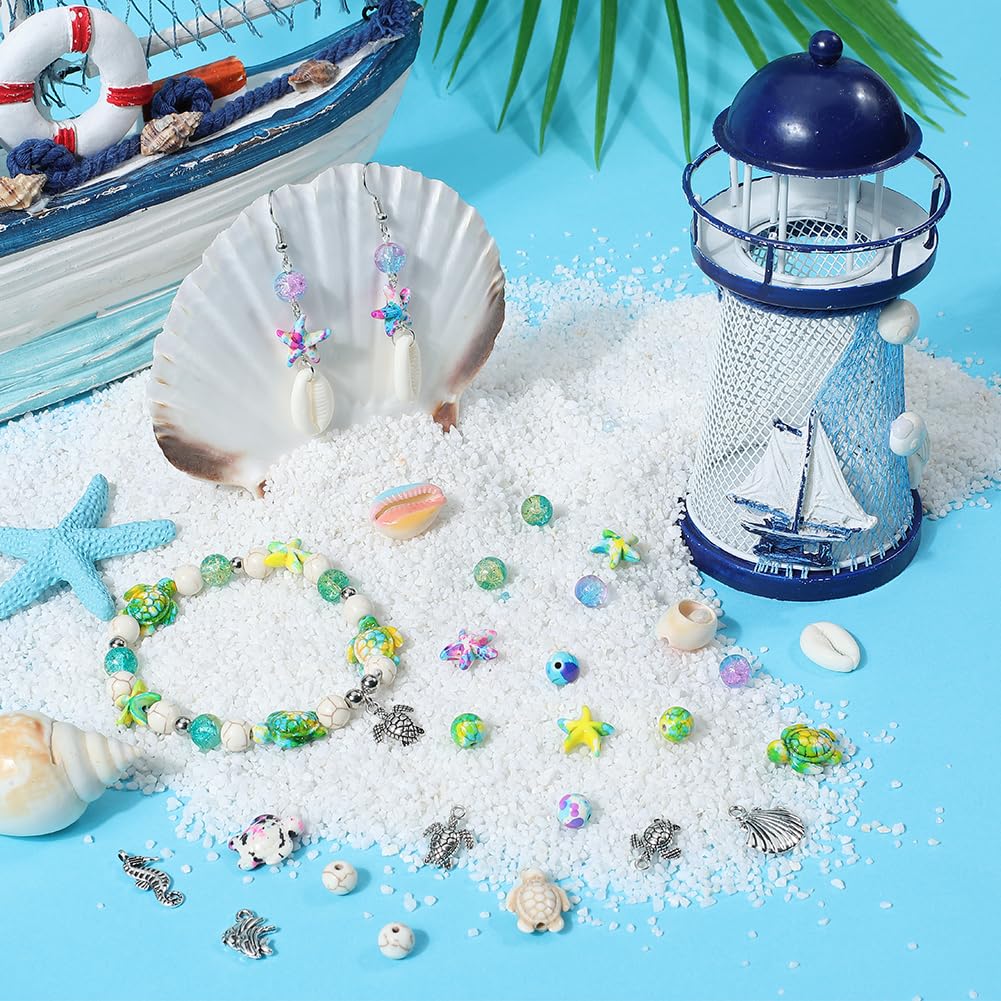 SUNNYCLUE 1 Box 260Pcs Summer Bead Kit Sea Turtle Bead Starfish Beads Natural Cowrie Shell Beads Ocean Charm Fish Seahorse Turtles Charms Turquoise Beads for Jewellery Making Kits Adults DIY Supplies - Image 4