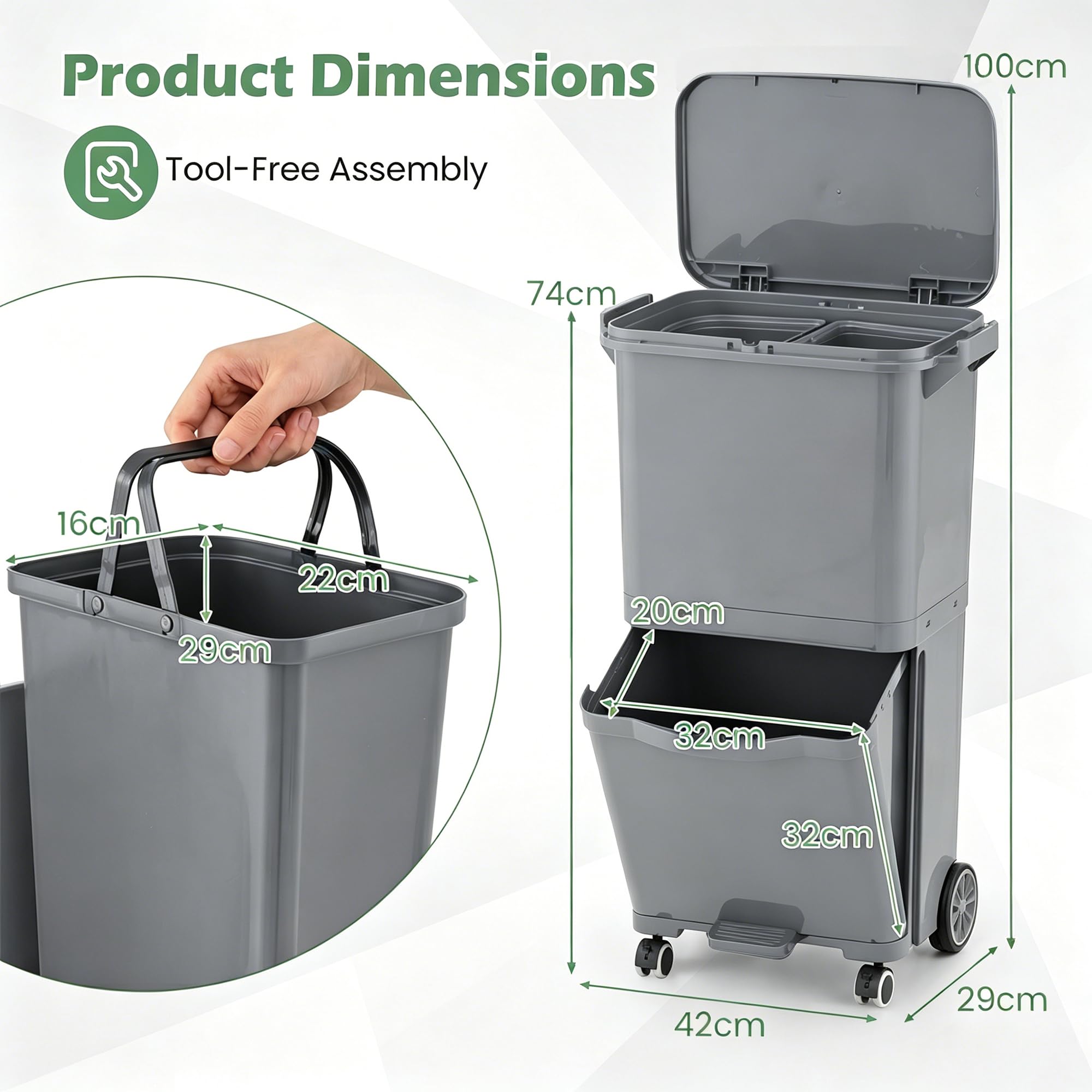 LIFEZEAL Poubelle de Cuisine 36L, Poubelle de Tri Sélectif 2 Niveaux, Pédale, Bac Inclinable, Plastique, Gris