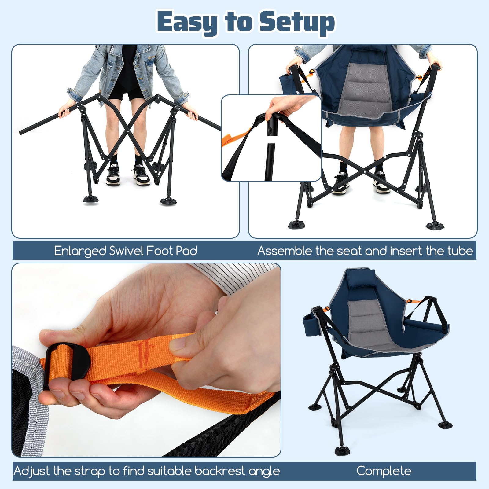 GOPLUS Chaise de Camping Hamac Portable, Chaise à Bascule Balancelle 90-150° avec Siège Rembourré et Appui-Tête, Dossier Réglable, Porte-Gobelet, Pliable pour Camping, 88 x 71 x 90 cm (Bleu)