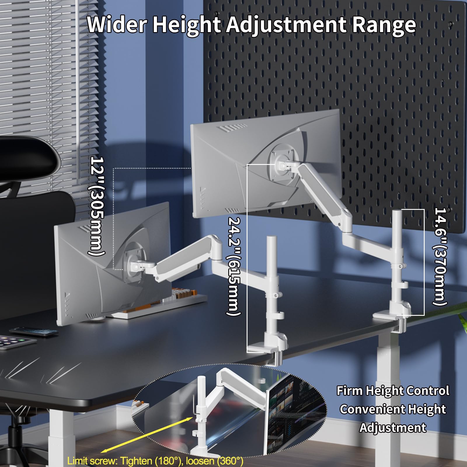 Braccio Monitor Bianco per Schermi Ultralargo da 17 a 60 Pollici,Supporta 20 kg, Supporto Monitor a Molla a Gas Regolabile in Altezza Con Asta, Ergonomia Rotazione VESA 75x75/100x100mm