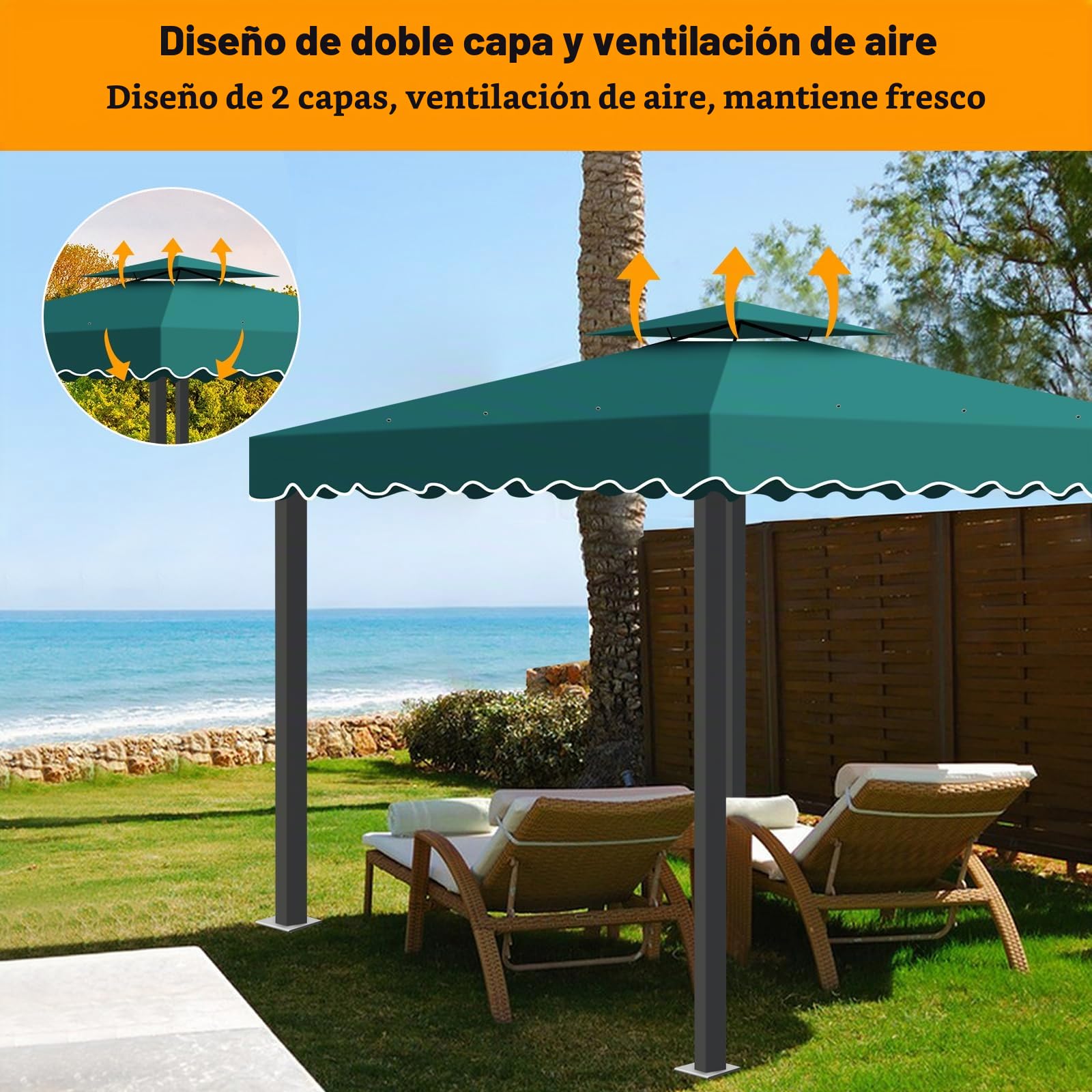Toldos Pergola Recambio 3x3M, Techo Carpa de Repuesto para Cenador de Jardín con Ventilación, 2 Niveles Cubierta de Repuesto para Pergolas de Jardin Exteriores para Camping, Playa, Barbacoa Gazebo