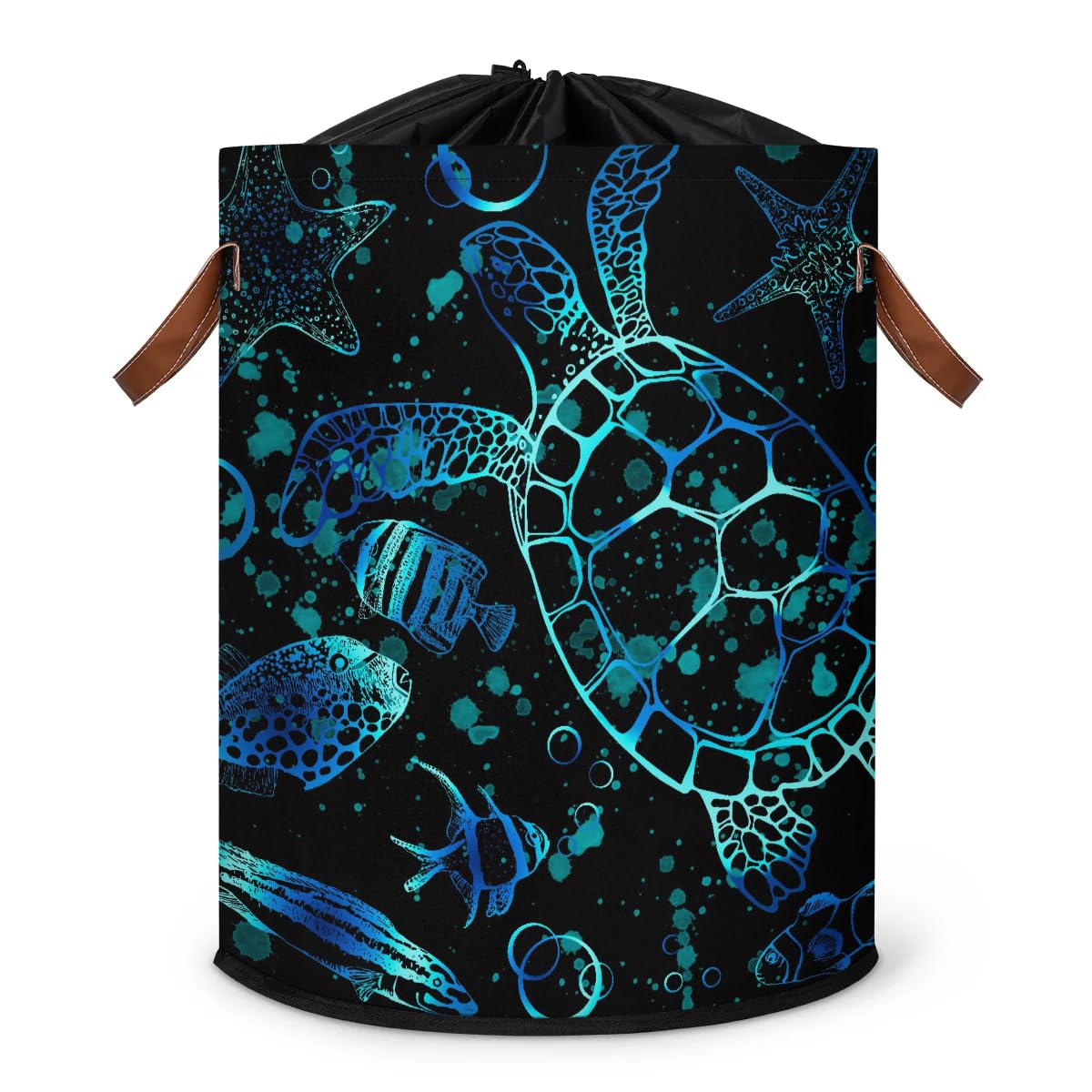 Turtle Laundry Basket with Drawstring for Kids Boys Girls, Collapsible Laundry Dirty Clothes Hamper with Leather Handle for Kid Room Bedroom Living Room Nursery