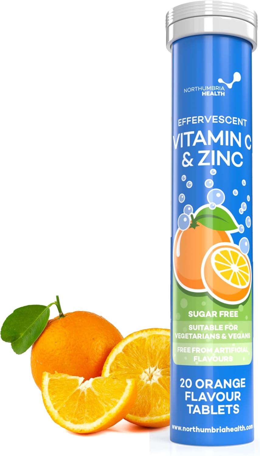 Effervescent Vitamin C 1000mg with Zinc 15mg, 20 Orange Flavoured Tablets, High Strength, Immune Support, Essential for Collagen Formation, Vegan, Made by Northumbria Health