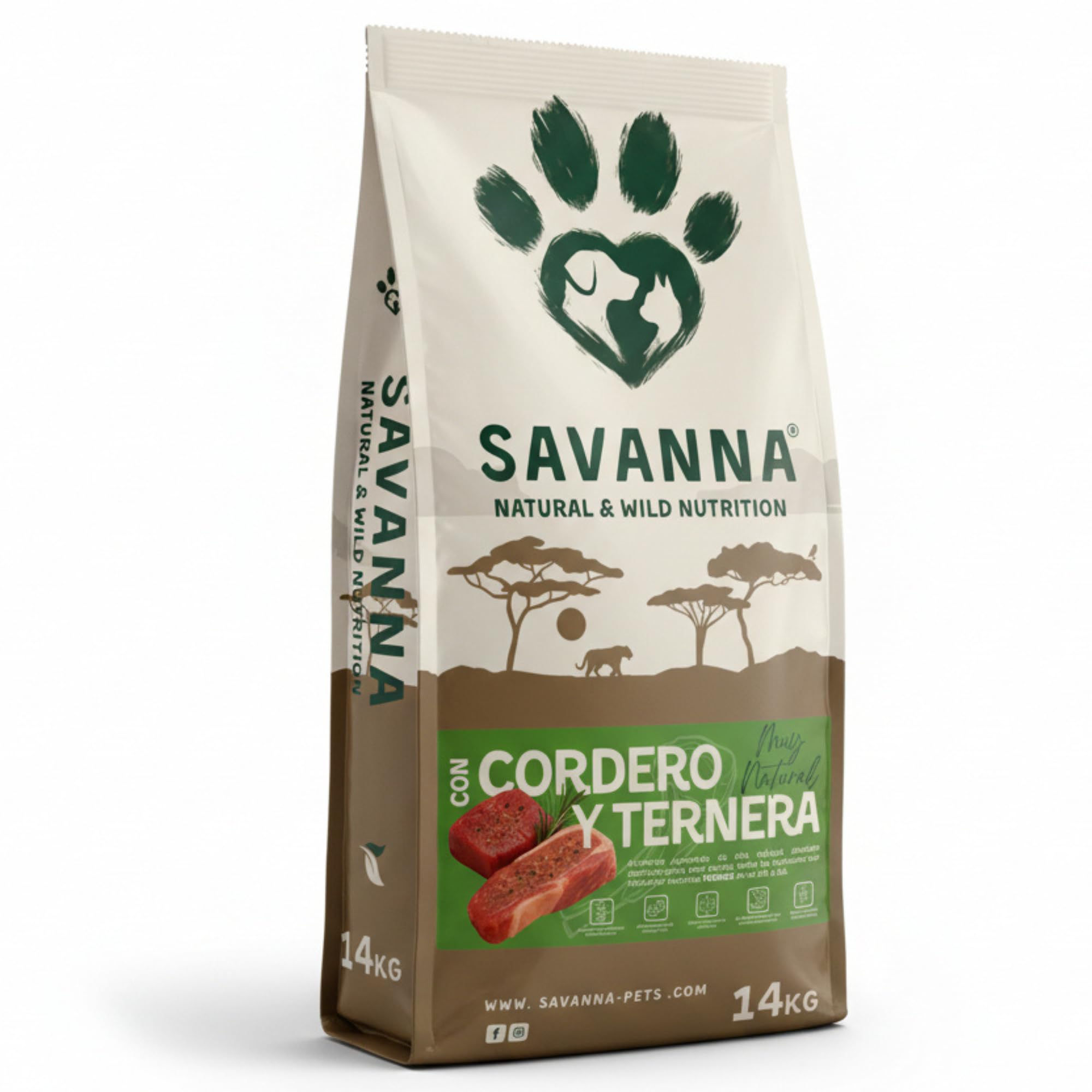 Pienso con Cordero y Ternera Savanna para Perros Adultos, Racao Caes Adulto, Receta Natural de Alta energía con Arroz, Digestión Suave, Cuidado Articular y Muscular, Todas Las Razas - 14 kg.