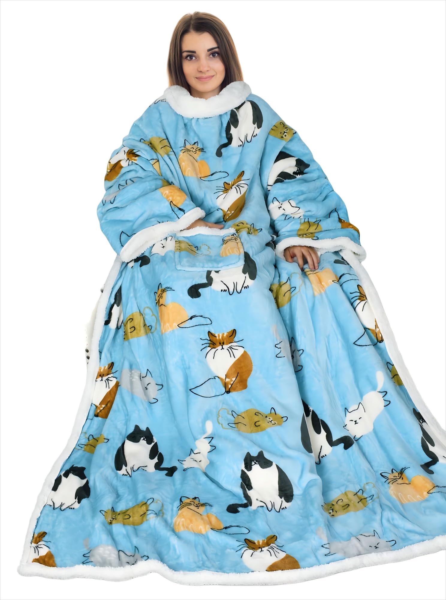 Catalonia Knuffeldeken, tv-deken, deken voor het hele lichaam met mouwen en voeten, cadeaudeken om aan te trekken, winterfleece, warme sherpadeken voor volwassenen, geschikt voor dames en heren, 190 x