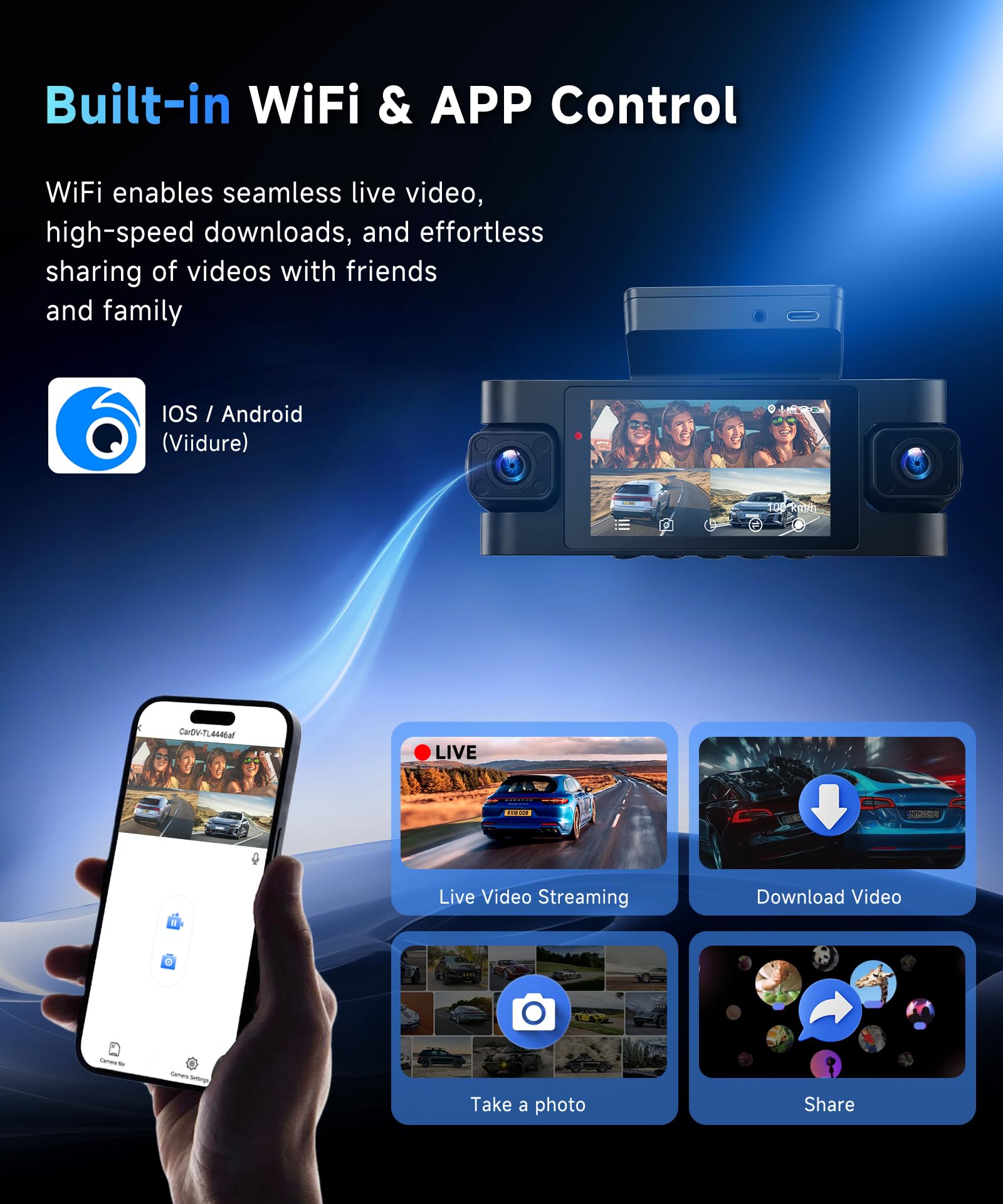 VECHTEL Cámara de salpicadero 2K para Coche, Delantera y Trasera, con WiFi, 1080P,4 cámaras de salpicadero con Pantalla IPS de 3 Pulgadas,GPS,visión Nocturna, Sensor G, protección de 360°,64 GB TF