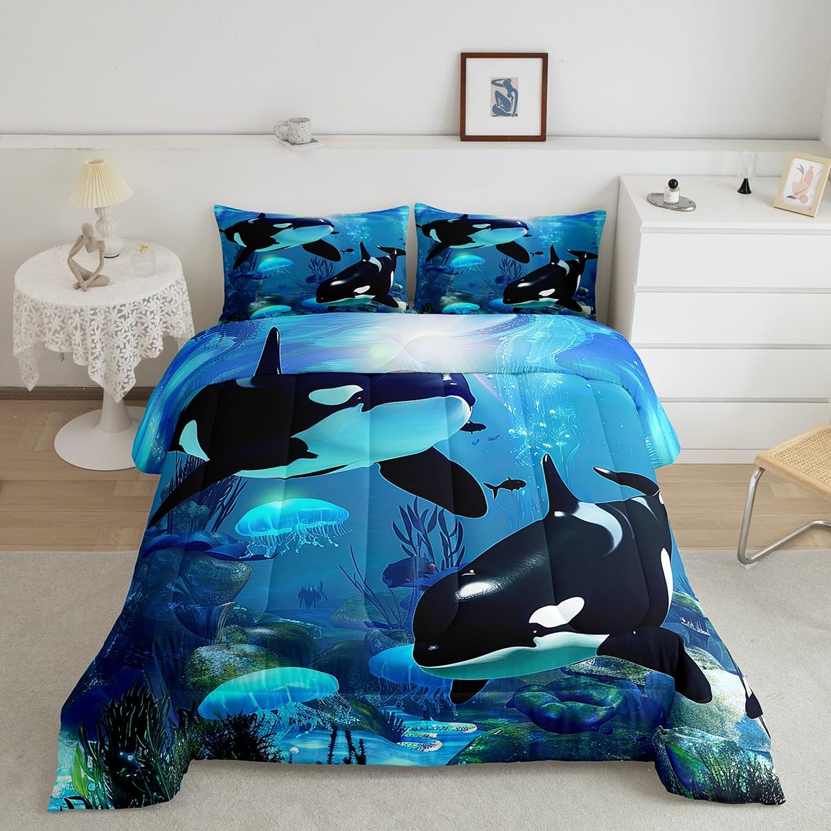 Teal Ocean Whale Comforter Set Jellyfish Killer Whale Bedding Sets The Underwater World Down Comforter Orcinus Orcas Deep Sea Animals Marine Life