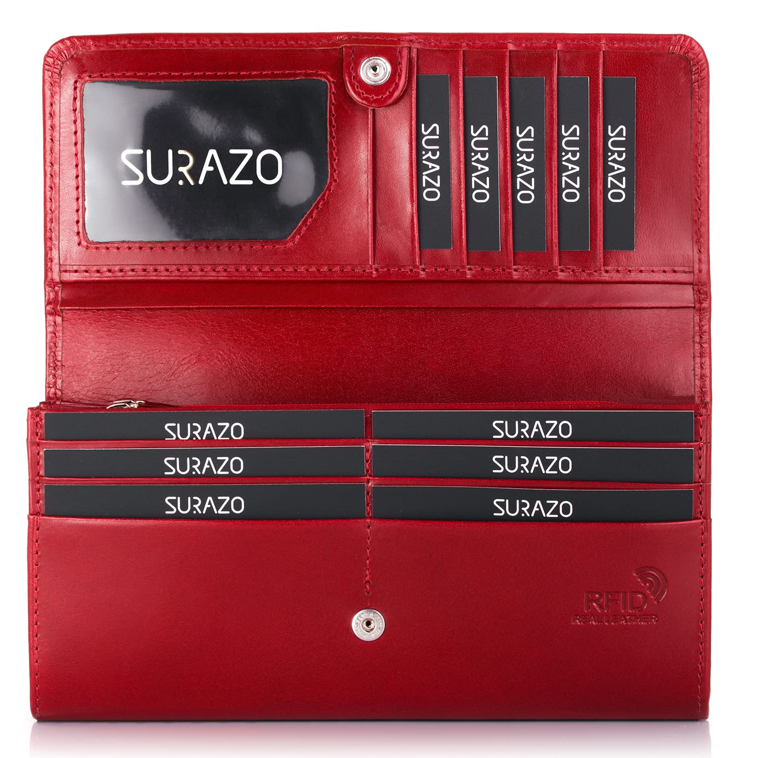 SURAZO® Skórzany portfel damski, duży, wiele przegródek, duży portfel z 12 przegródkami na karty [ochrona RFID], skórzany portfel damski, portfel damski z klapką, czerwony, XL