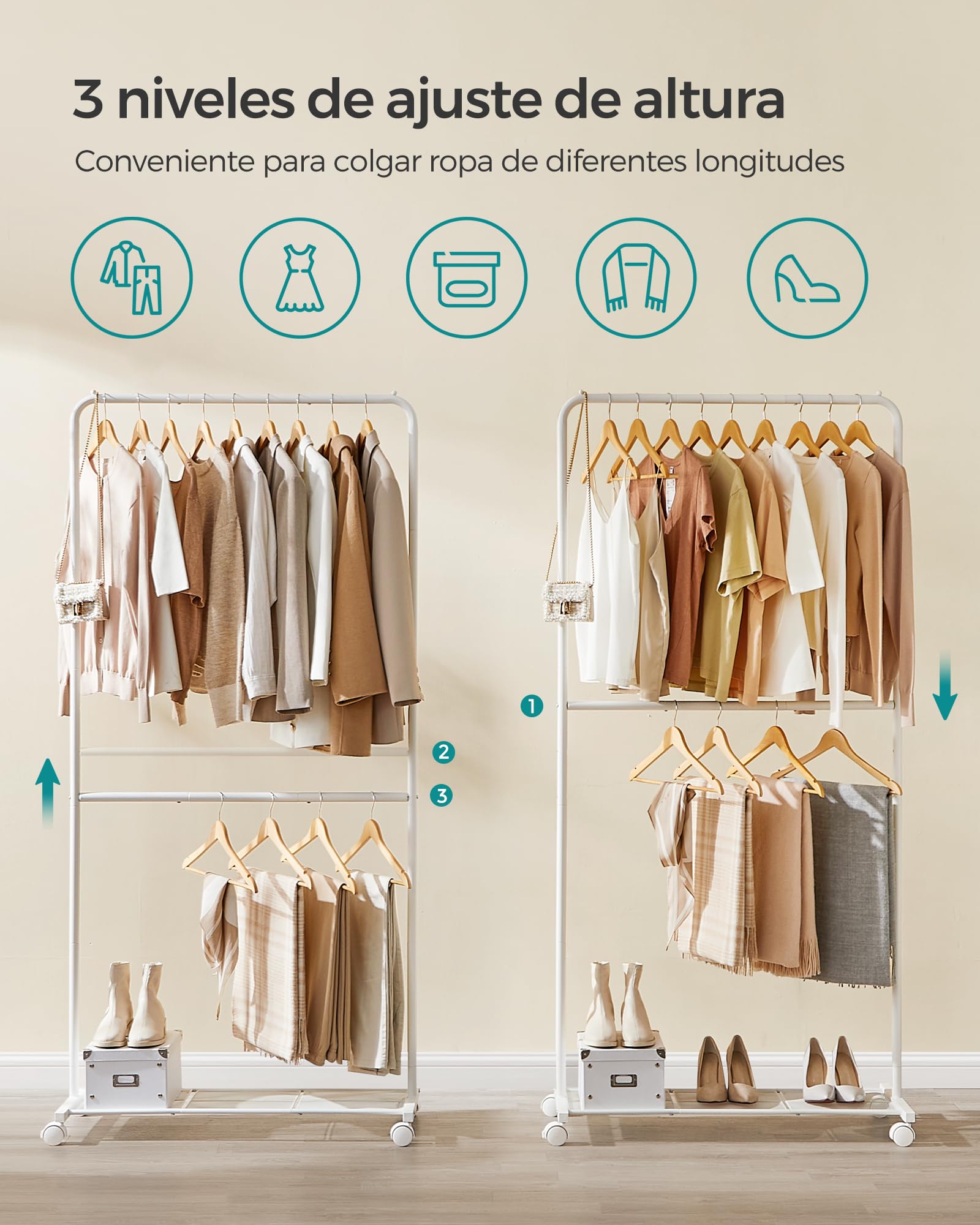 SONGMICS Perchero Burro, Burro de Ropa con 2 Barras, Marco de Metal, Barra Colgante de 91 cm de Ancho, con Estante, 2 Ruedas Bloqueables, Cada Barra Soporta hasta 20 kg, Blanco HSR027W01