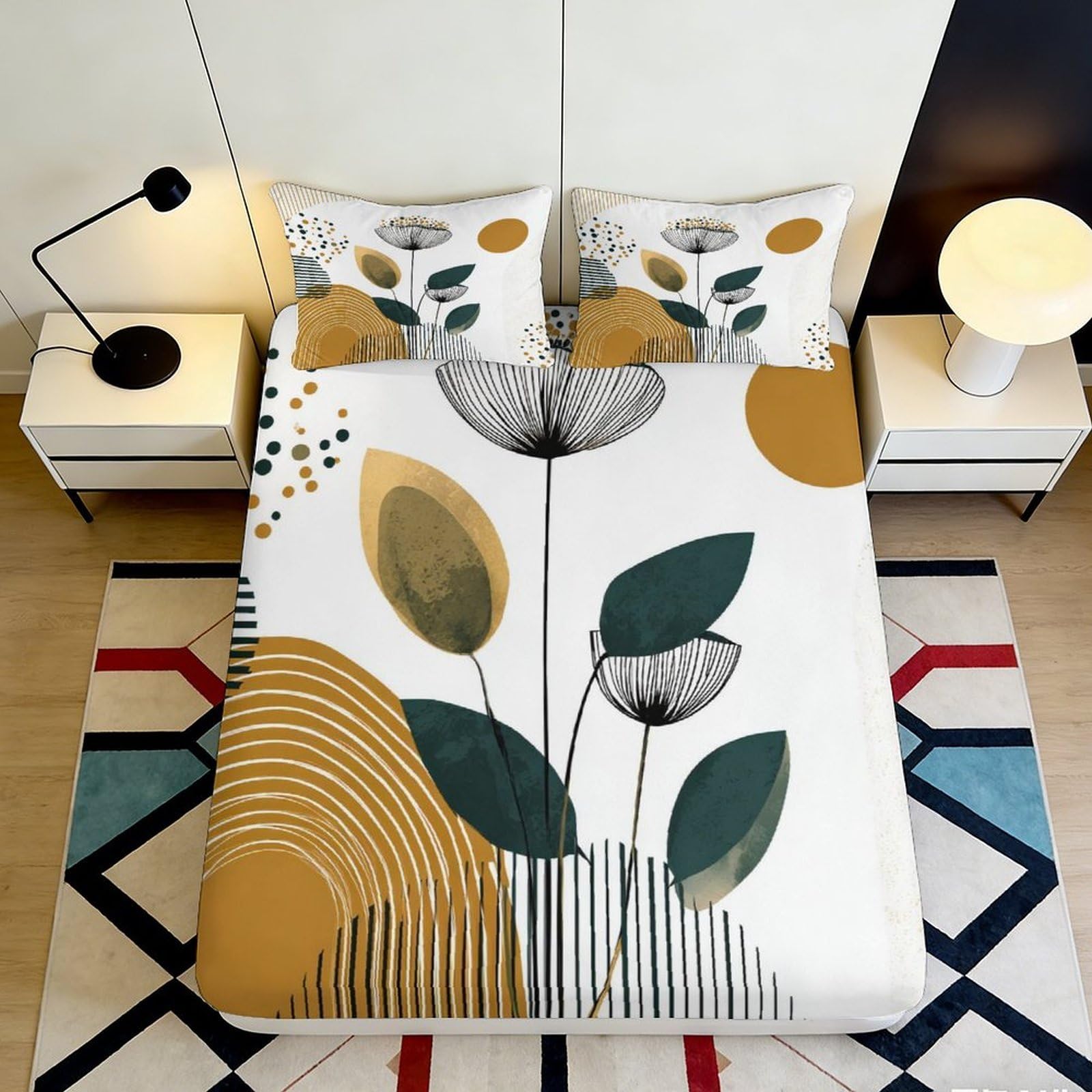 3D Printed Abstract Botanical Fitted Sheet Microfiber Soft Breathable Geometric Art Bed Cover for Bedroom Guestroom Decor 90x200x25cm