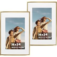 jenesaisquoi 16x24 Picture Frame 2 Pack - Display Posters 14x20 with Mat or 16x24 Without Mat - Vertical & Horizontal Wall Hanging for Posters & Art Prints Gold Aluminum Alloy