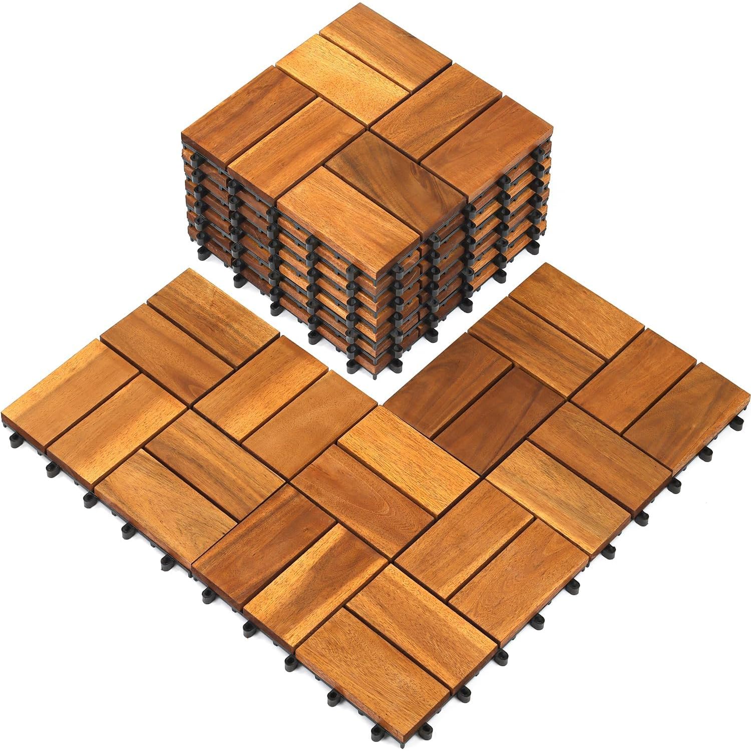 Natural Solid Acacia Wood Interlocking Deck Tiles for Outdoor and Indoor, Floor Deck Tiles Interlocking Wood Wax Oil Patio Tiles Outdoor Floor Decking Plastic Lawn Decking (9)