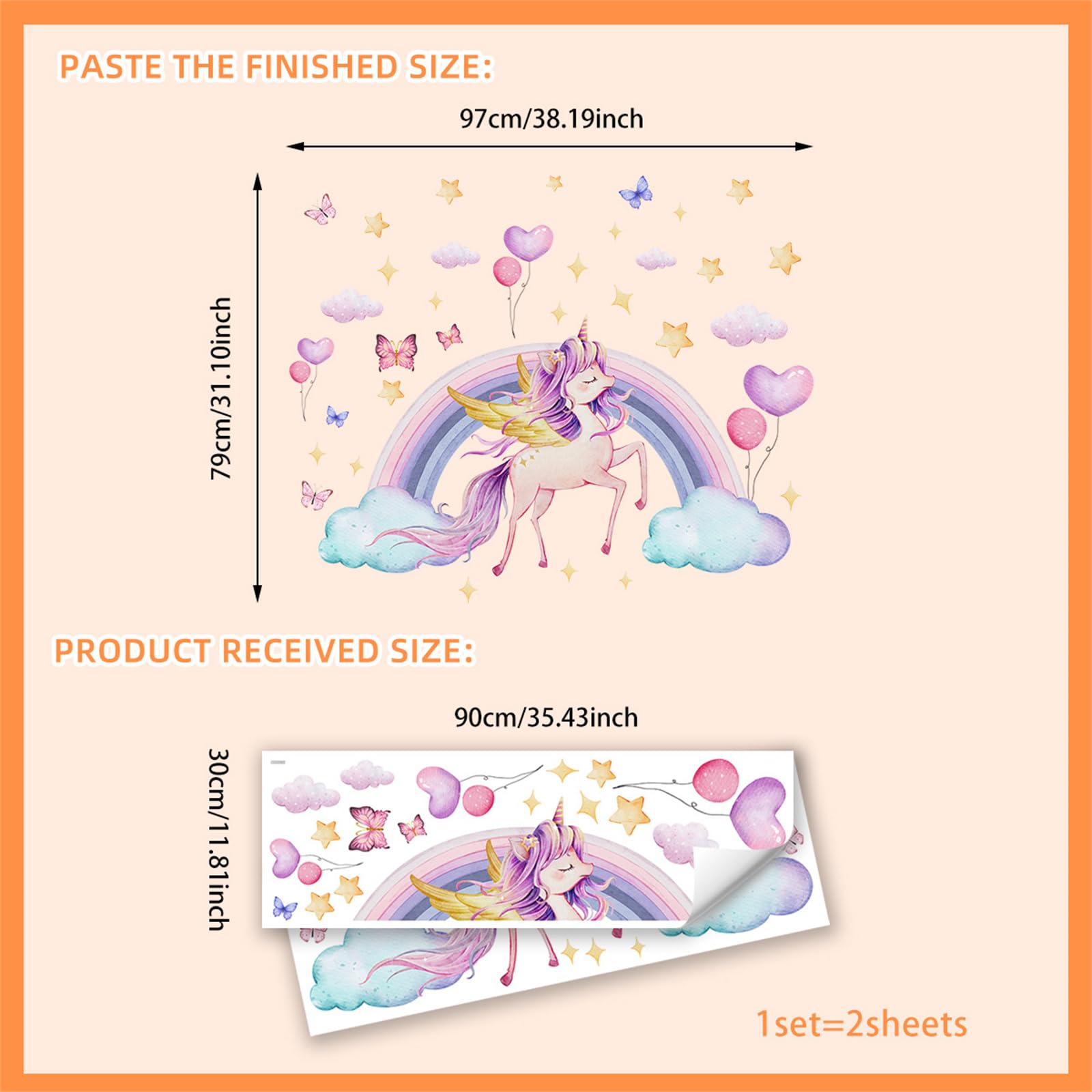 Unicorn Wall Stickers for Girls Bedroom, Peel and Stick Rainbow Unicorn Wall Decals with Hearts & Stars - Image 2