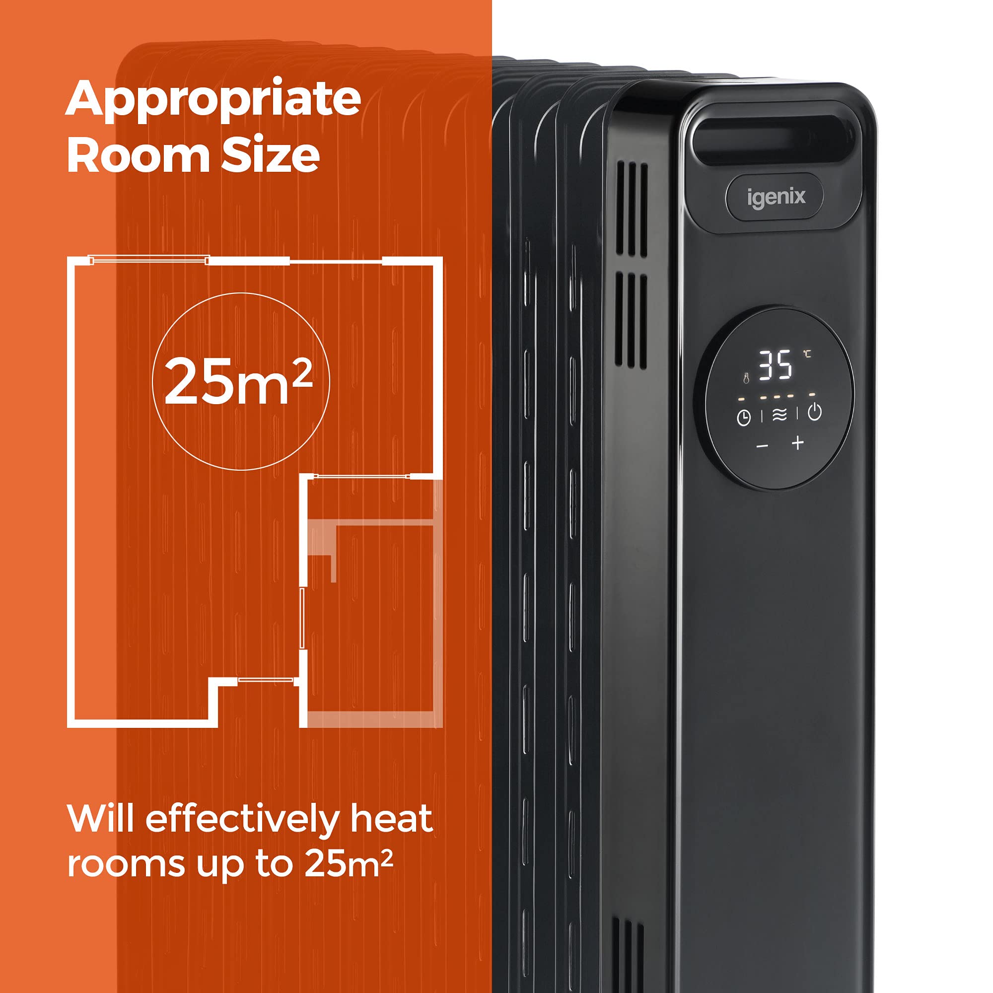 Igenix IG2621BL Digital Oil Filled Radiator, 2kW/2000W 9 Fin Electric Heater  with Remote Control, 3 Adjustable Heat Settings u0026 Overheat Protection, 2000  W, Black : Amazon.co.uk: DIY u0026 Tools