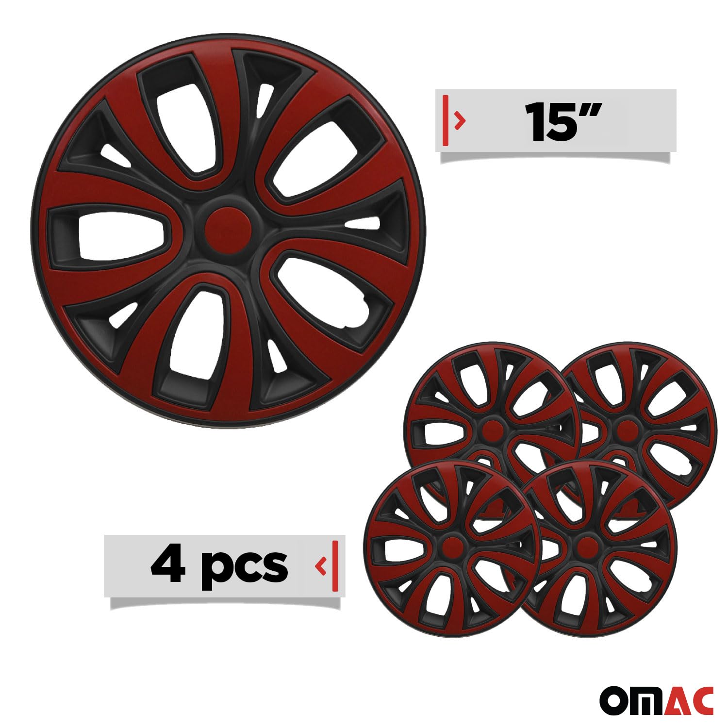 OMAC 4X Radkappen Radzierblenden Radblenden 15" Zoll Stahlfelgen Matt Schwarz-Rot