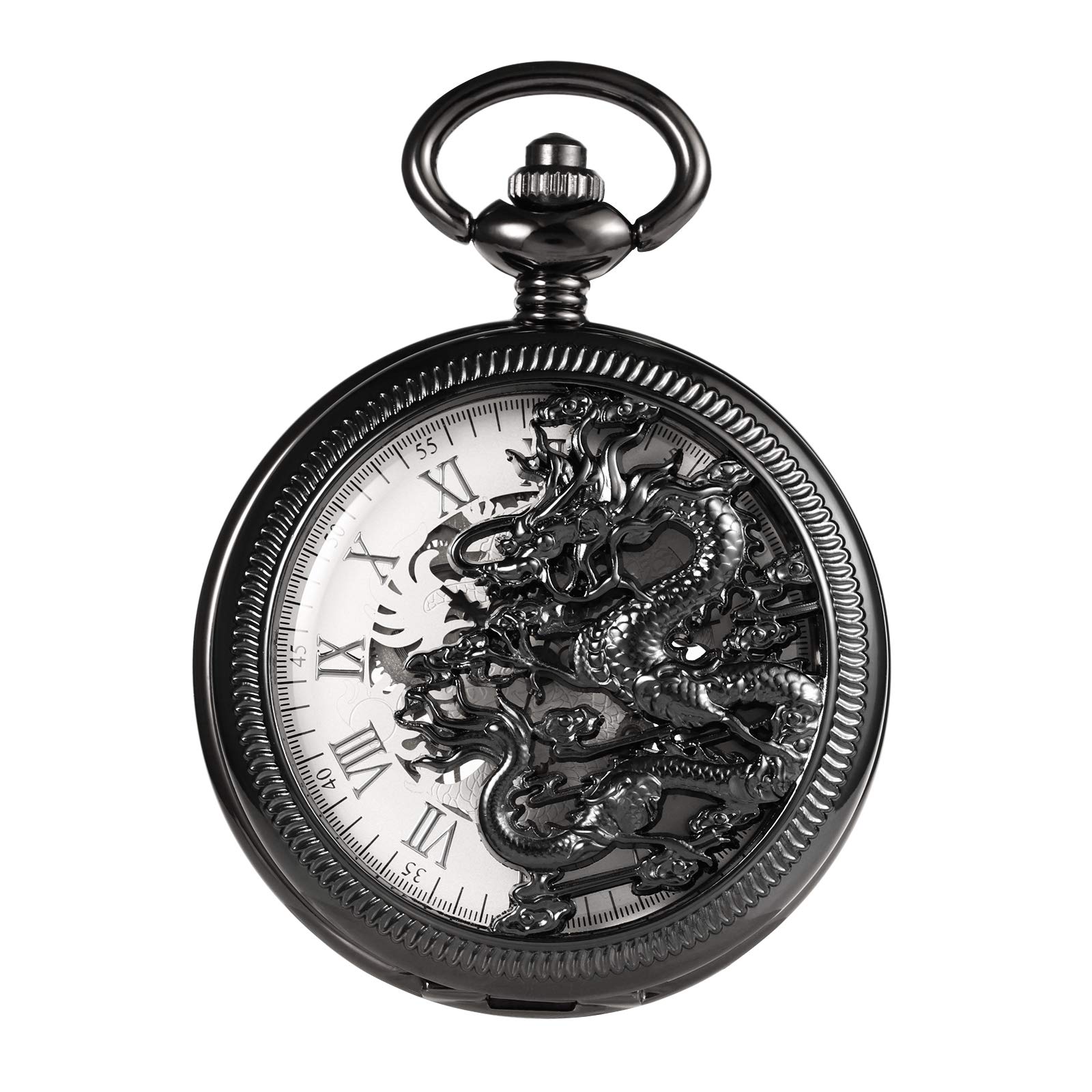 TREEWETO Orologio da taschino meccanico da uomo, con scheletro, drago cavo, con catena e scatola