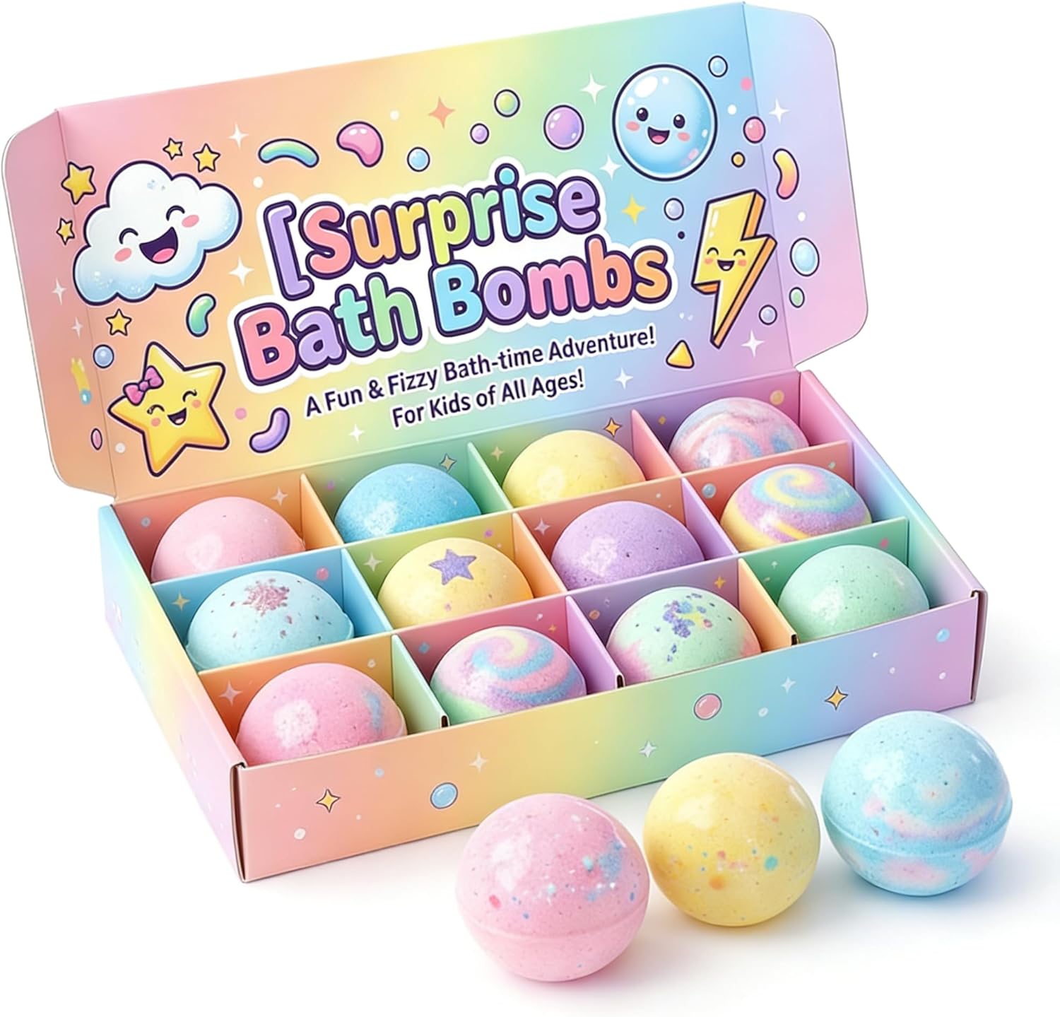 Surprise Bath Bombs for Kids – Colorful Fizzing Bath Bomb Set with Hidden Toys, Gentle & Skin-Safe Formula, Fun Bath Time Gift for Boys & Girls, Party Favors, 12 Pack