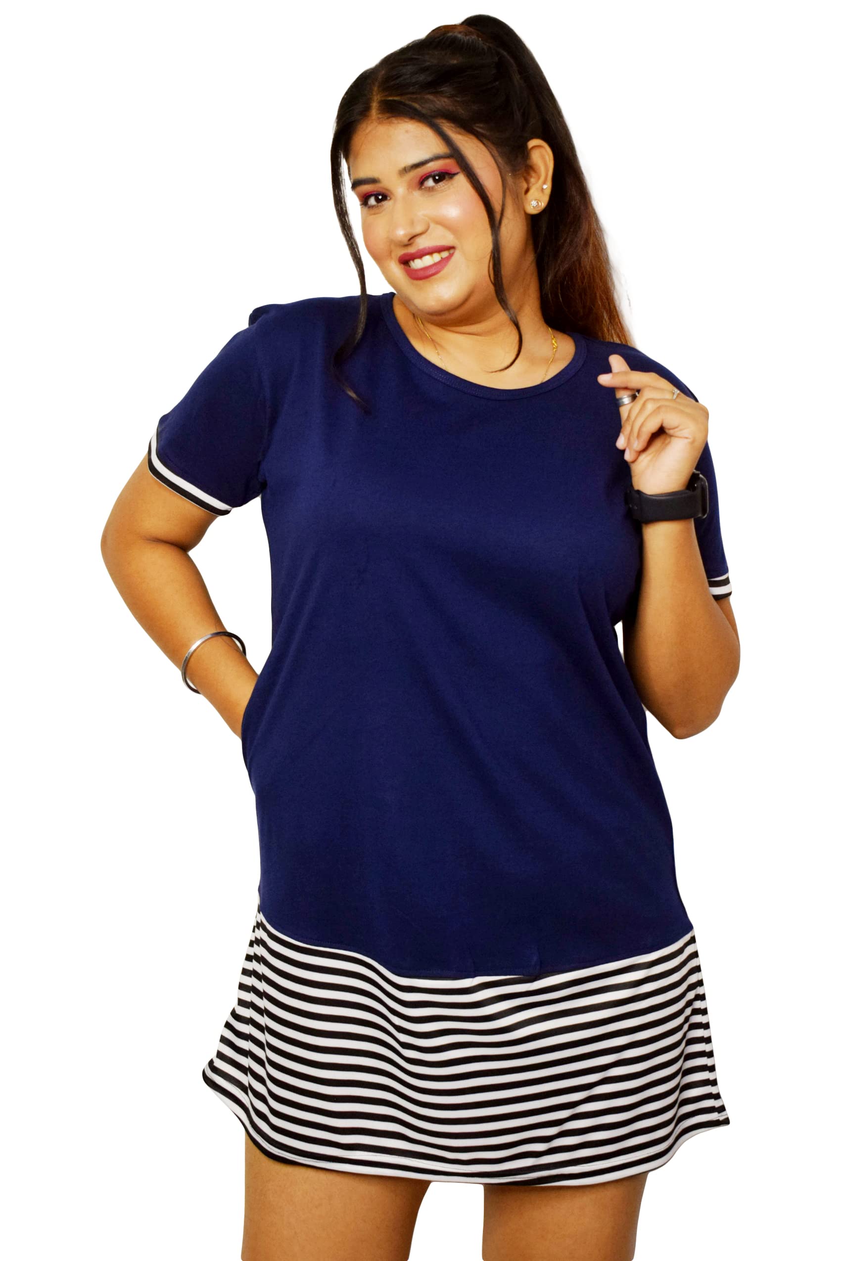 Pinkshell Women’s/Ladies/Girls Long Stripe Panel Polo T-Shirt, Round Neck Regular Fit/Side Pocket/Side Slit/Half Sleeves-picture-26