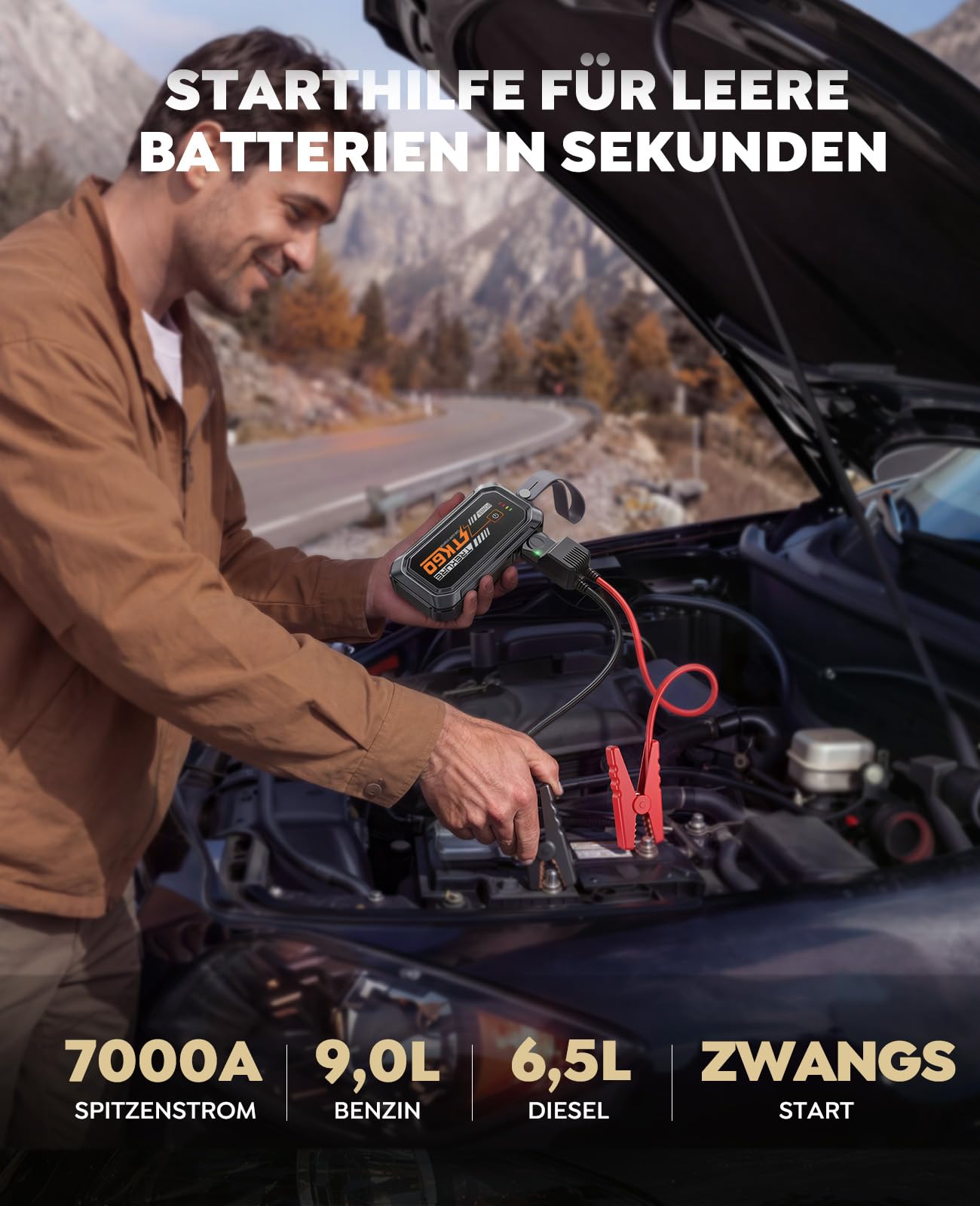 TREKURE Starthilfe Powerbank für PKW 7000A, Auto Starthilfe Powerbank für bis zu 9L Benzin & 6,5L Diesel, Starter Powerbank mit Zwangsstart, Magnetische Frontfläche, 4-in-1 LED Arbeitslicht