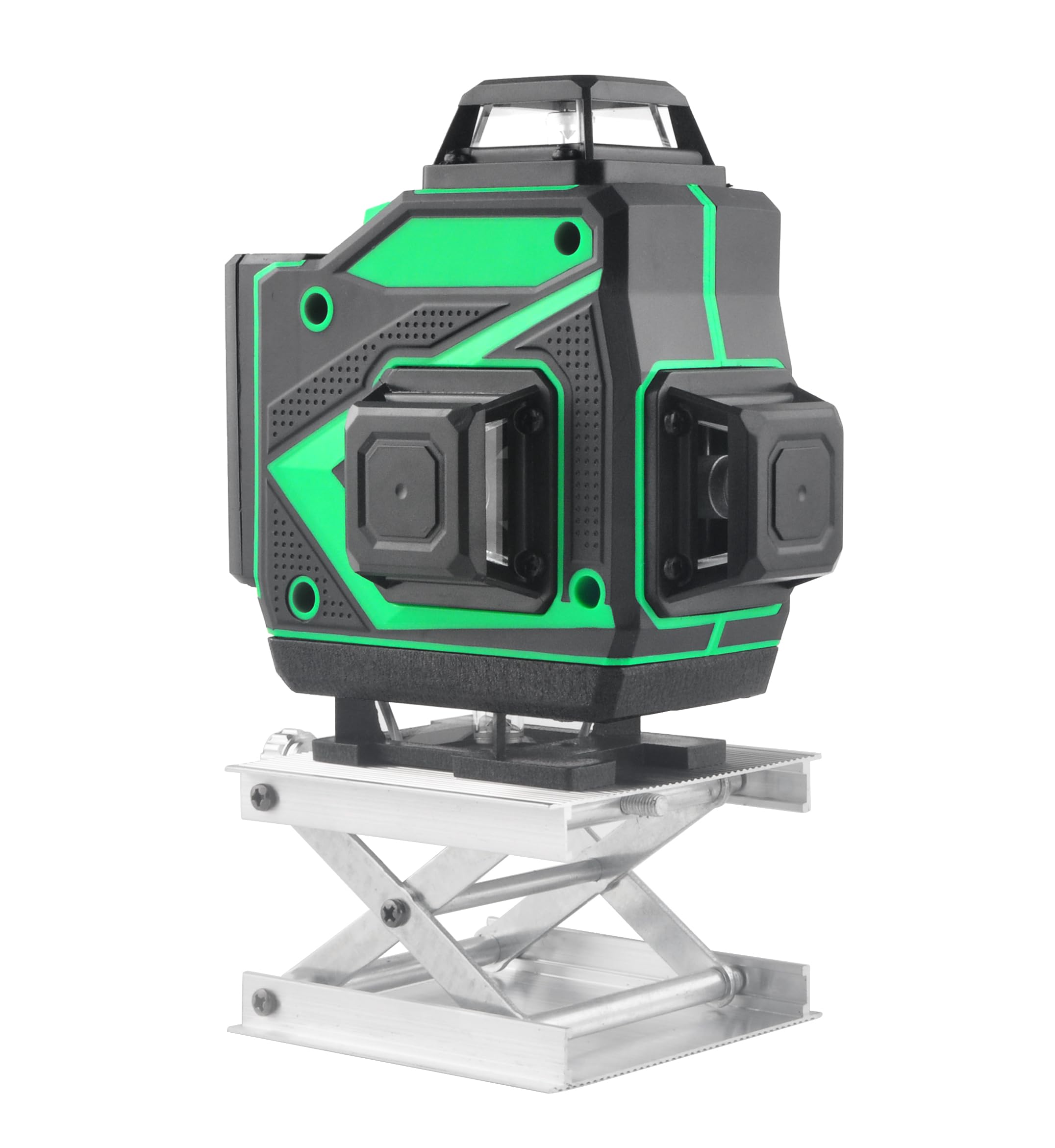 Laser poziomy, zielony, samopoziomujący, 4 x 360°, 16-liniowy, krzyżowy, poziomy i pionowy, pilot zdalnego sterowania, akumulator litowo-jonowy z ładowaniem euro, regulowana podstawa
