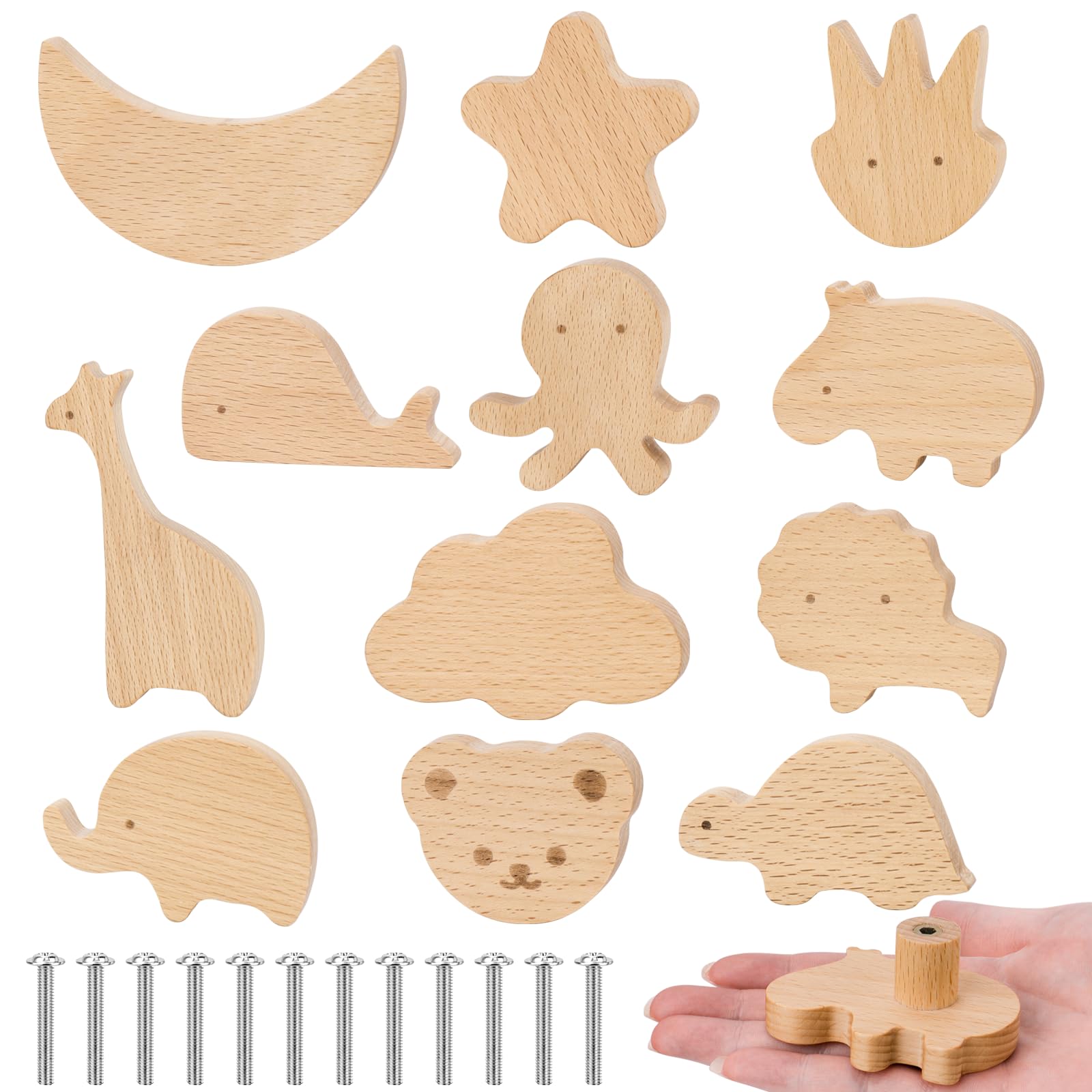 Hysagtek Pomos de cómoda, 12 unidades de pomos de armario de madera, diferentes formas de animales, pomos para muebles con tornillos, decoración creativa, tiradores de cajones para armario, tocador