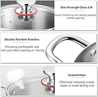 Vista 3 de TeamFar Olla de 8 cuartos de galón, olla de cocina de pasta de acero inoxidable de tres capas con tapa de vidrio, para estufas de cerámica de gas