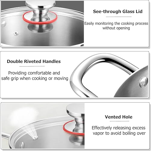 Miniatura 3 de TeamFar Olla de 8 cuartos de galón, olla de cocina de pasta de acero inoxidable de tres capas con tapa de vidrio, para estufas de cerámica de gas