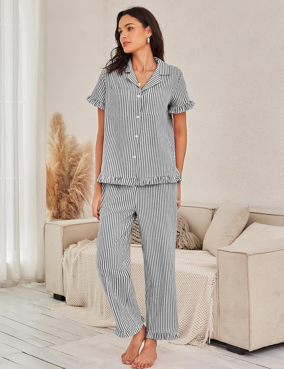 COZYPOIN Women's Cotton Pajama Sets Striped Short Sleeve Top Long Pants 2 Piece Pjs Sets Cute Ruffle Sleepwear Loungewear - Image 3