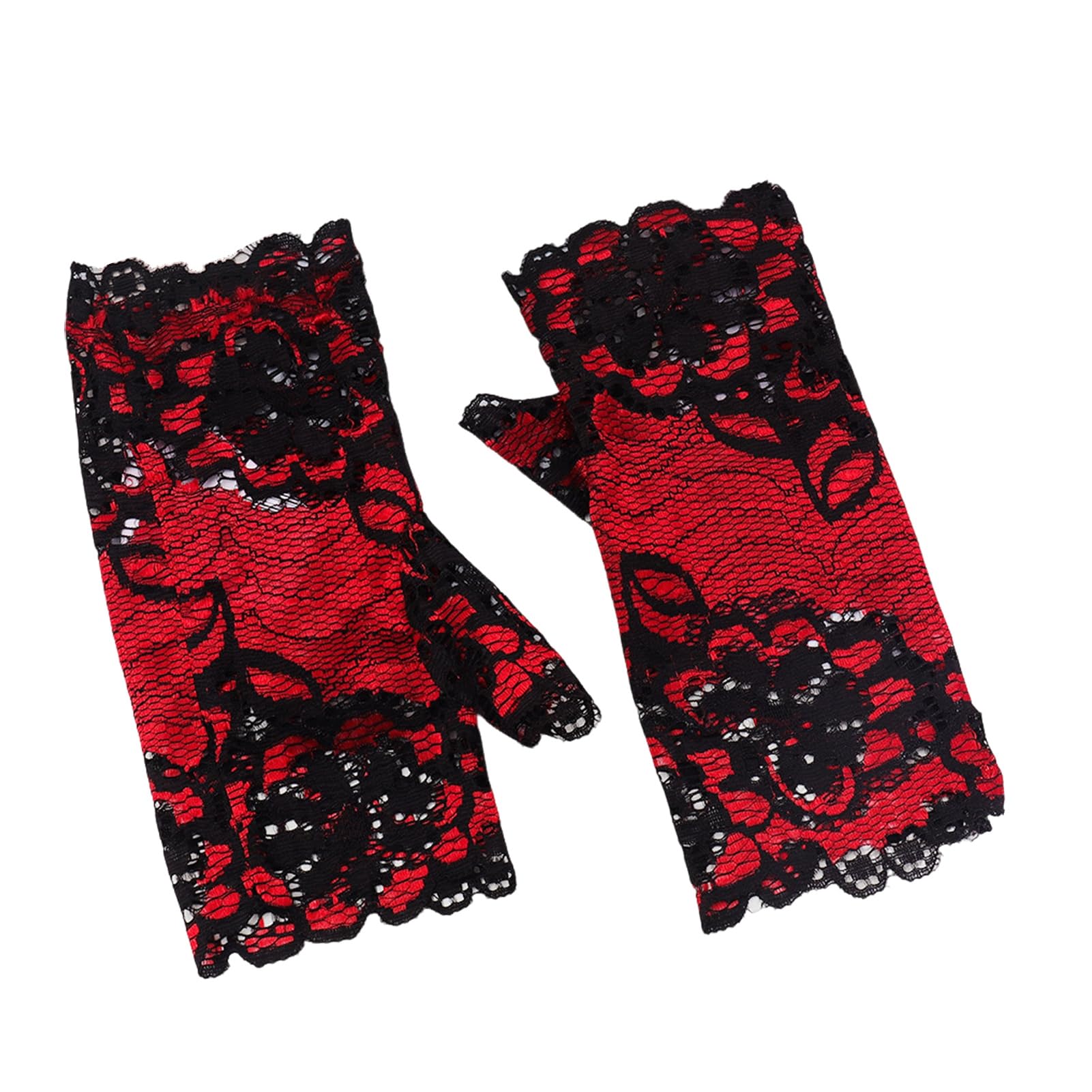 Pofluany Women's Red Lace Floral Fingerless Gloves For Half Finger Bridal Wrist Gloves Sunblock Open Finger Lace Glove For Wedding Tea Party Prom One Size