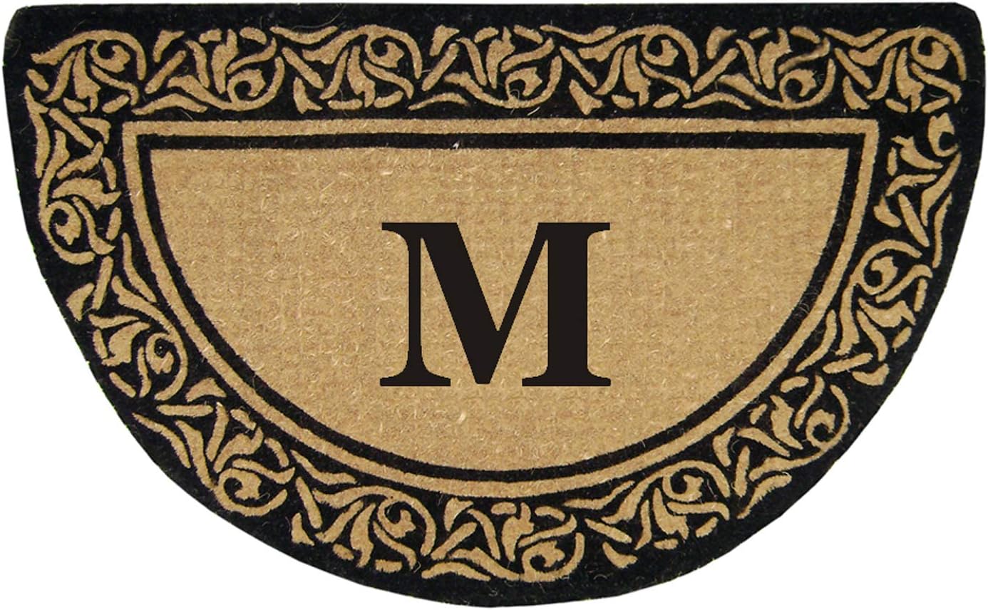 Personalized Half Round Coir Door Mat with Monogrammed Initial - Bella Decorative Border - Heavy Duty Coco Mat Front Door Outdoor Mat for Entrance or Porch Decor - 22" x 36" (Monogram M)