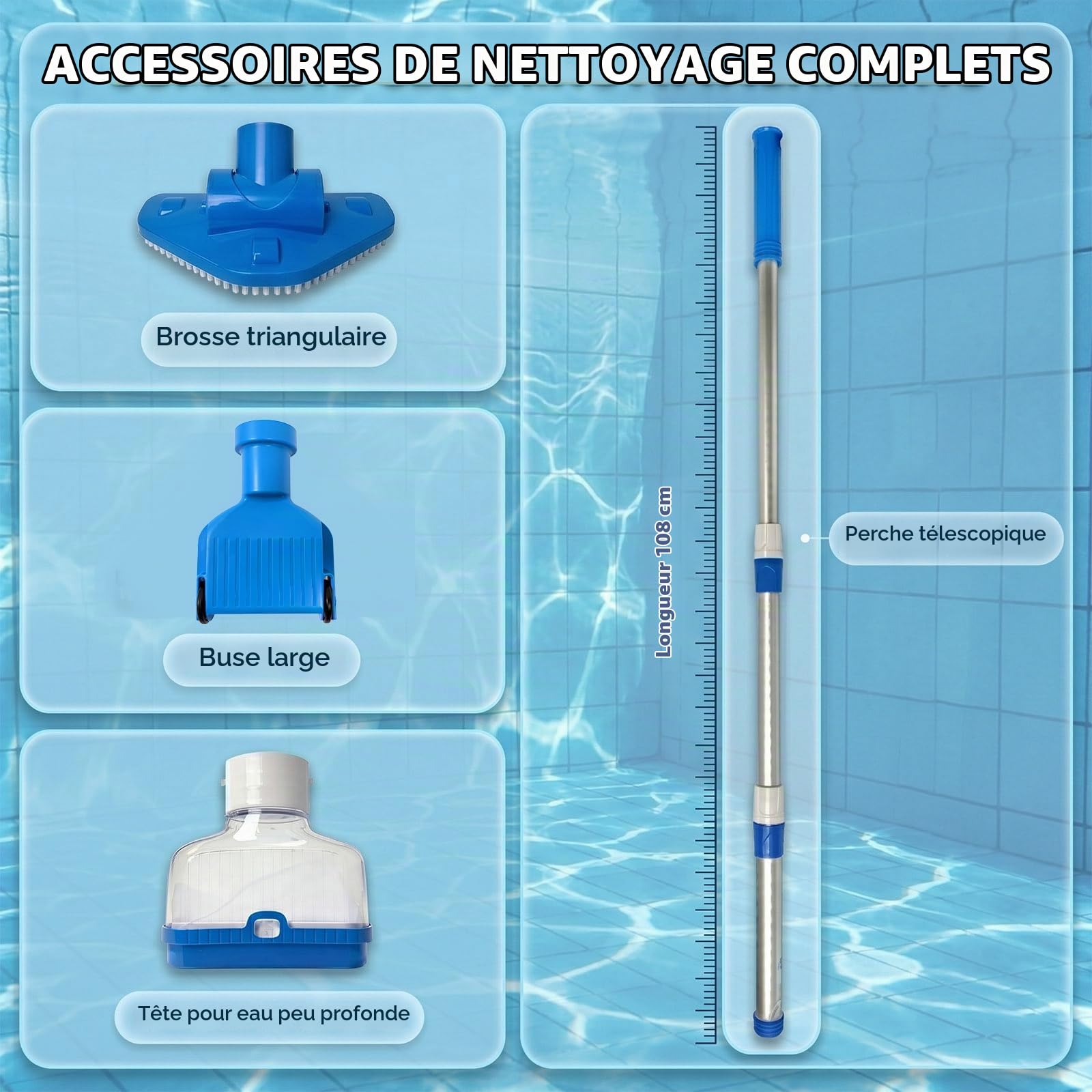 Aspirateur Piscine sans Fil 3 en 1 Nettoyeur Électrique à Batterie IPX8 | Aspirateur Balais Kit avec Manche Télescopique pour SPA et Piscines Hors-Sol Rechargeable