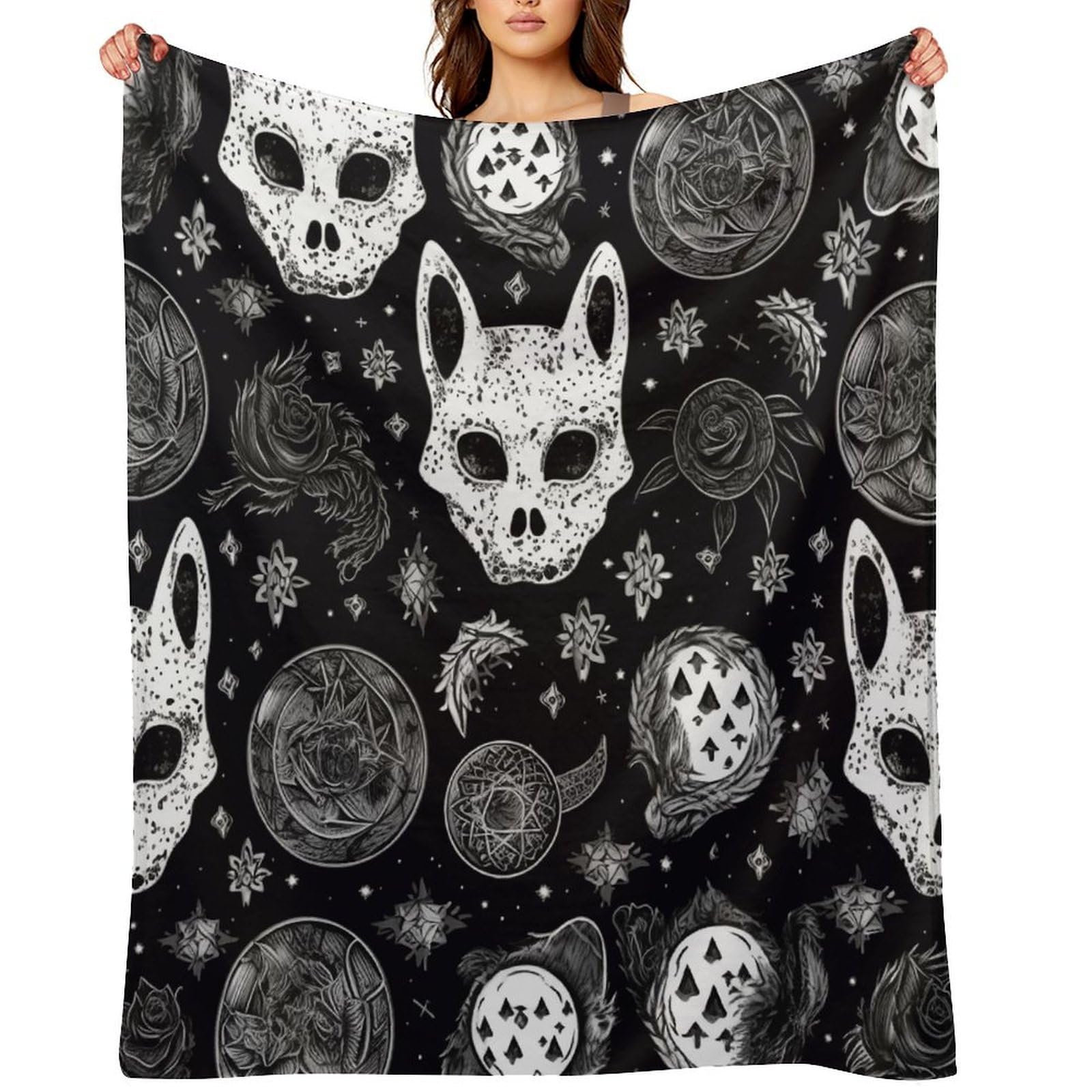 Skull Cat Moon Gothic Throw Blanket for Couch and Bed Super Soft Warm Lightweight Throw Blankets Cozy Fuzzy Flannel Blanket Personalized Decorative Blankets for Sofa Decor 50"x60"